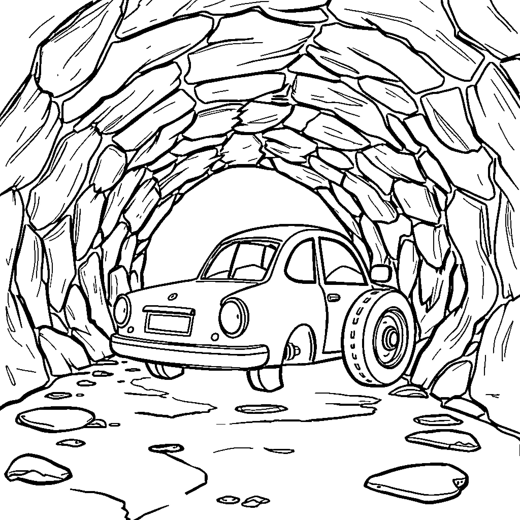 Car driving through rocky tunnel Coloring Page (free black-and-white line drawing printable PDF for all, from beginners to advanced learners, including children, teens, adults, and seniors)