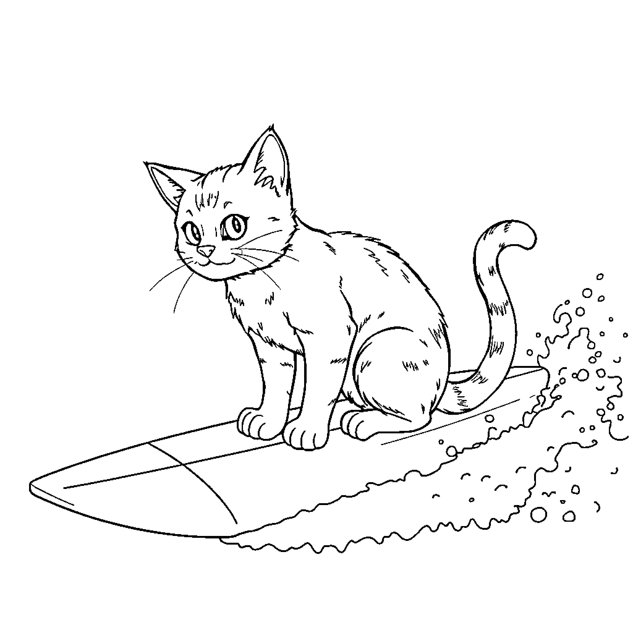 Cat surfing on the waves Coloring Page (free black-and-white line drawing printable PDF for all, from beginners to advanced learners, including children, teens, adults, and seniors)