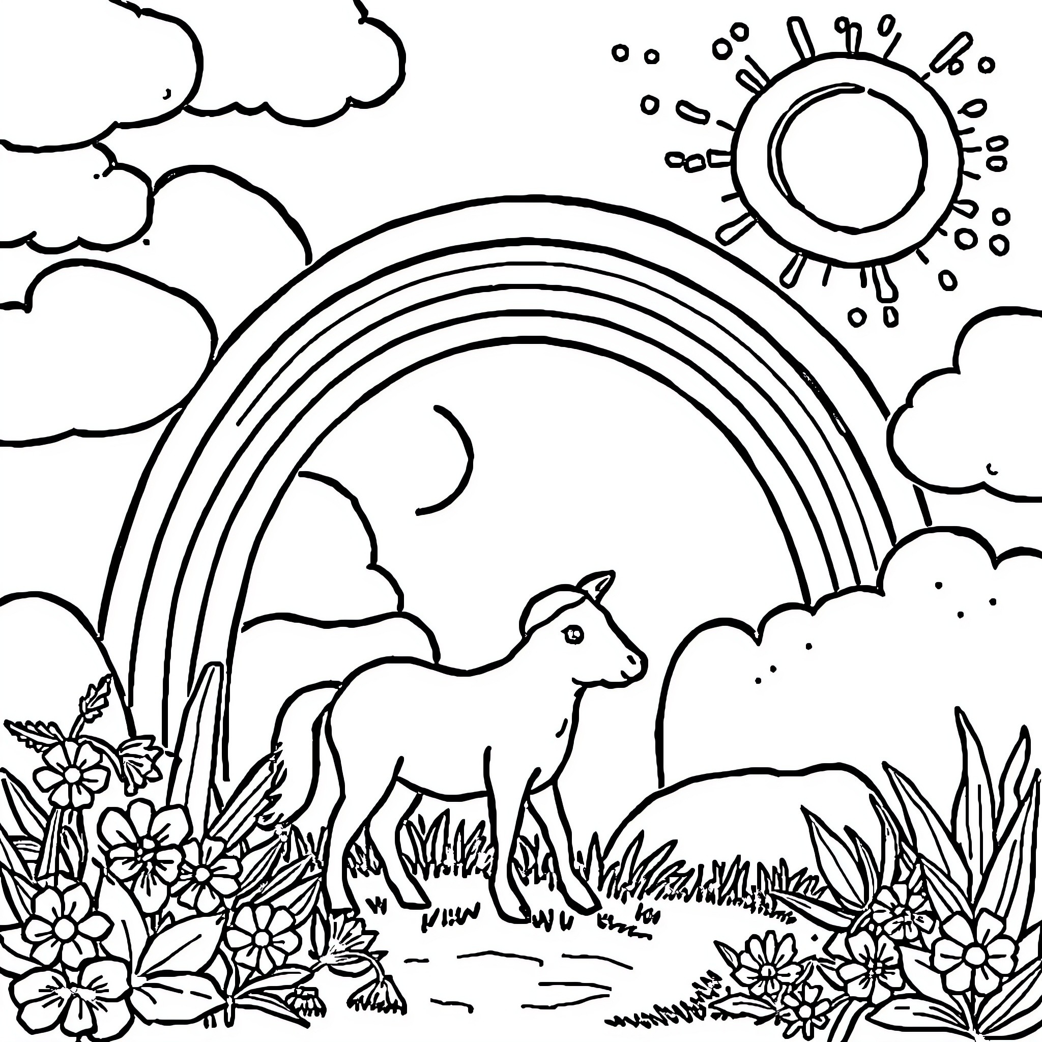Poop Under the Rainbow and Sunshine Coloring Page (free black-and-white line drawing printable PDF for all, from beginners to advanced learners, including children, teens, adults, and seniors)