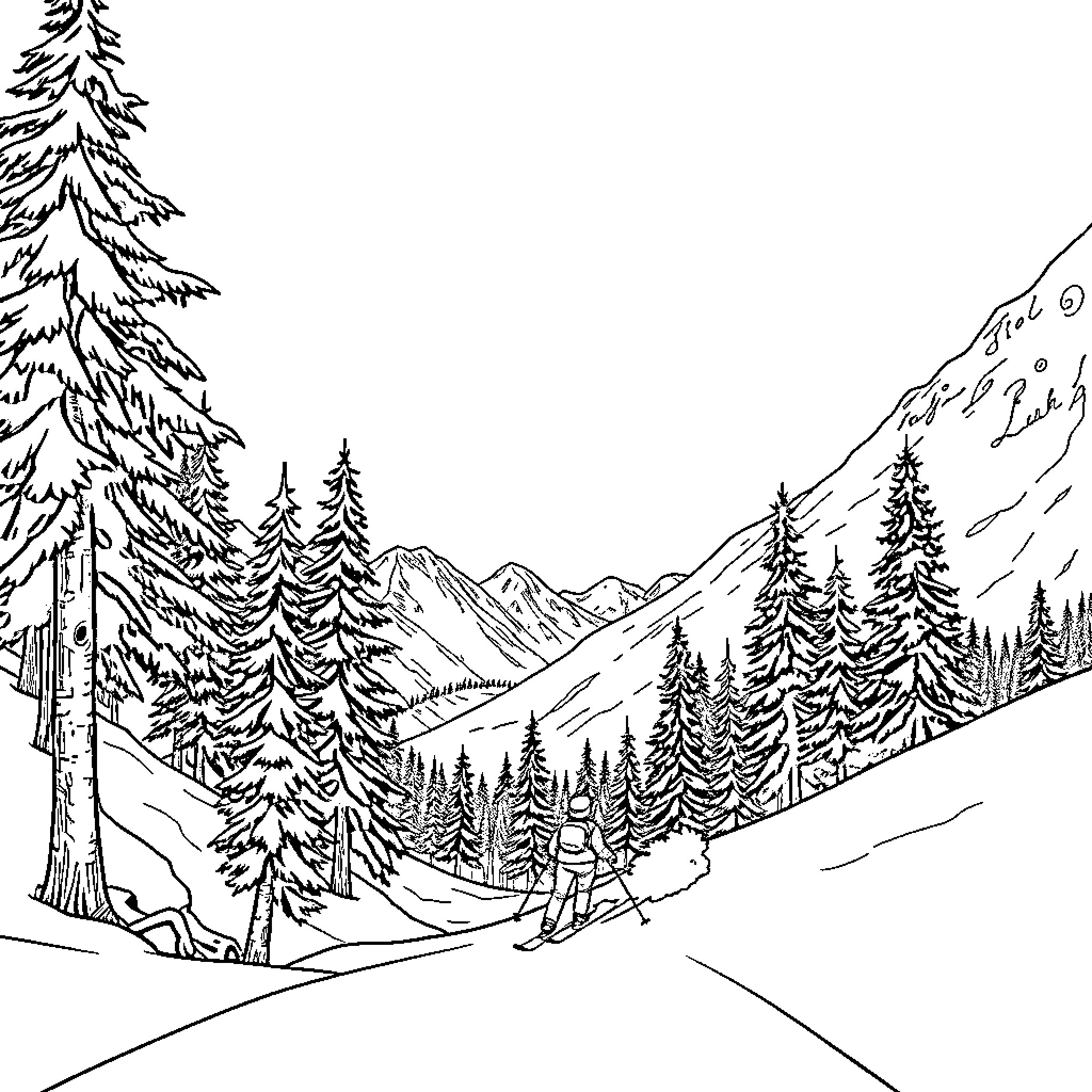 Skiing in a Snowy Mountain Landscape Coloring Page (free black-and-white line drawing printable PDF for all, from beginners to advanced learners, including children, teens, adults, and seniors)