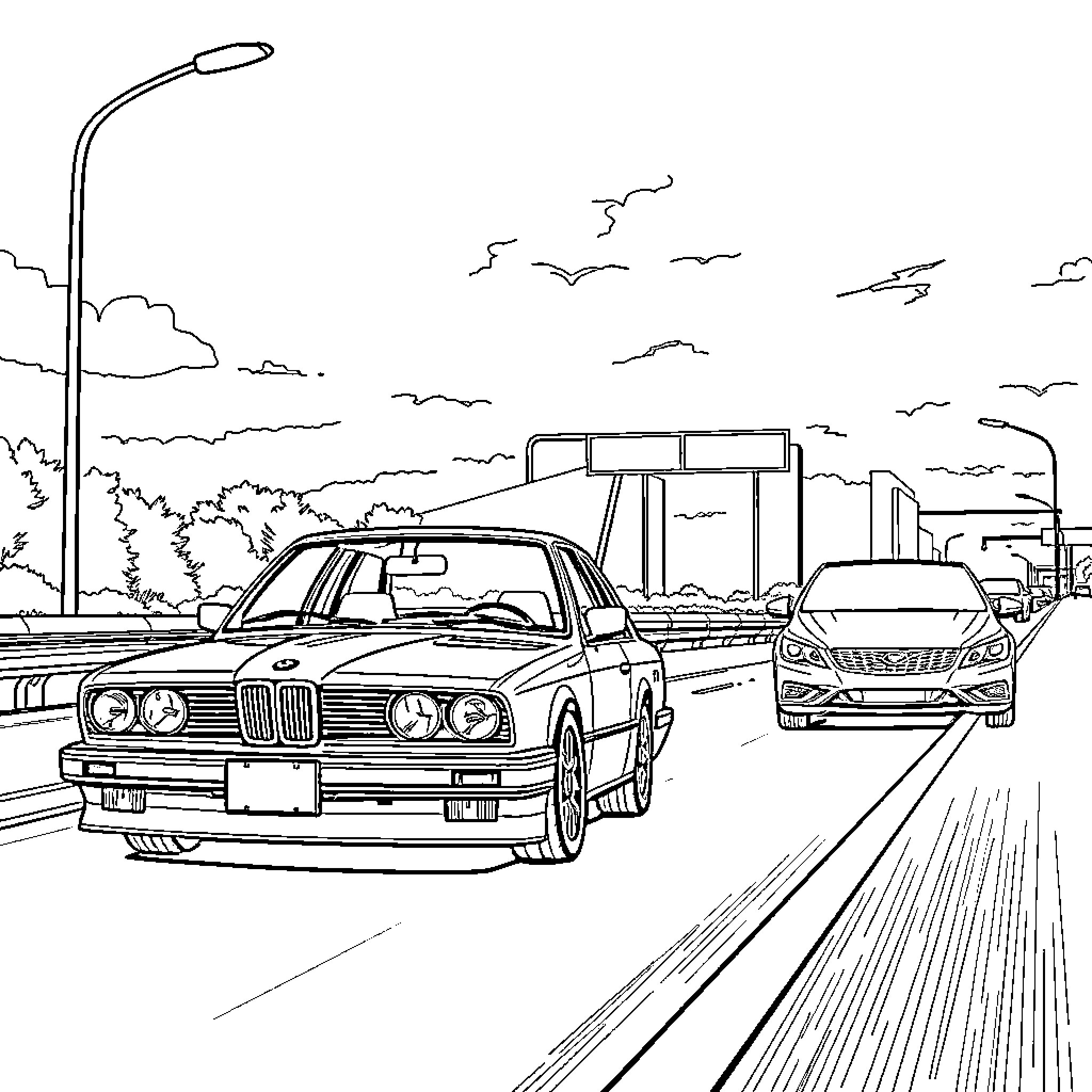 BMW cars racing on the highway Coloring Page (free black-and-white line drawing printable PDF for all, from beginners to advanced learners, including children, teens, adults, and seniors)