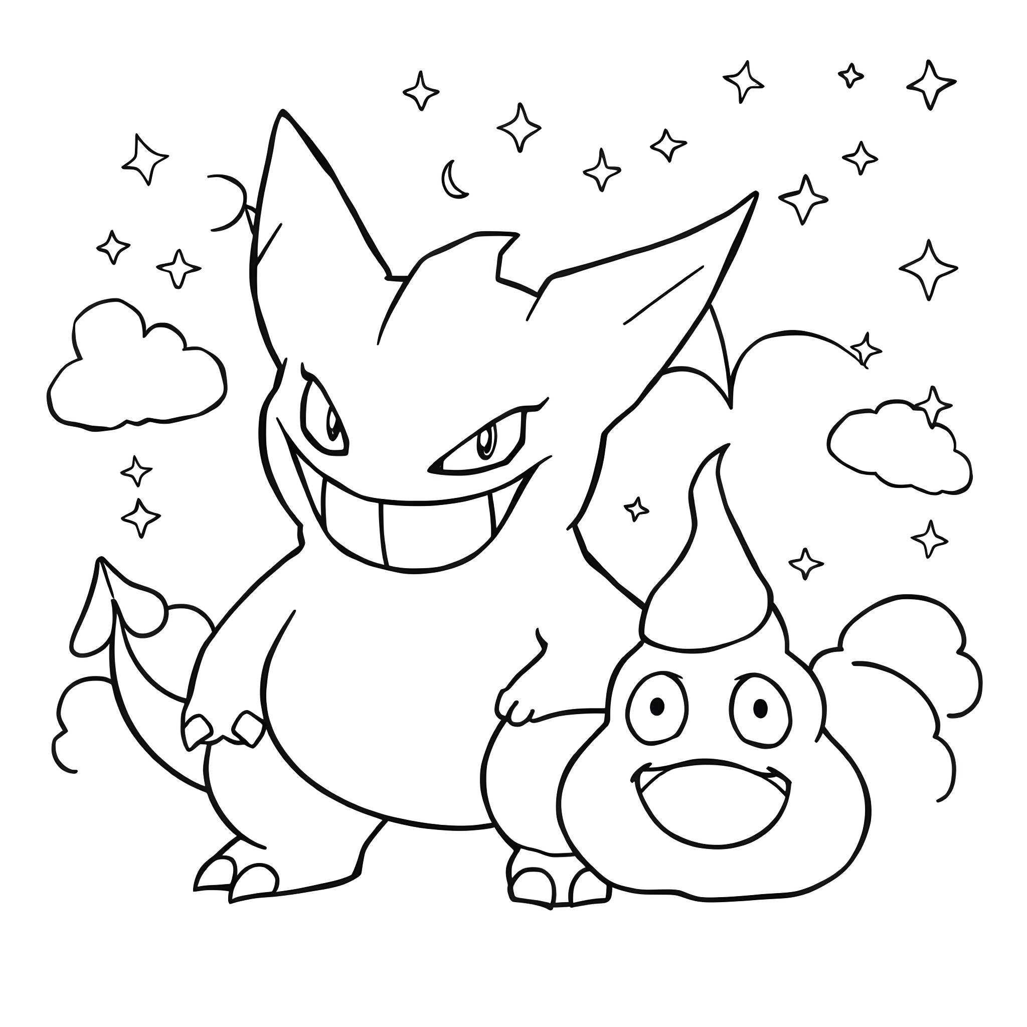 Poo Emoji with Playful Monsters under Starry Sky Coloring Page (free black-and-white line drawing printable PDF for all, from beginners to advanced learners, including children, teens, adults, and seniors)