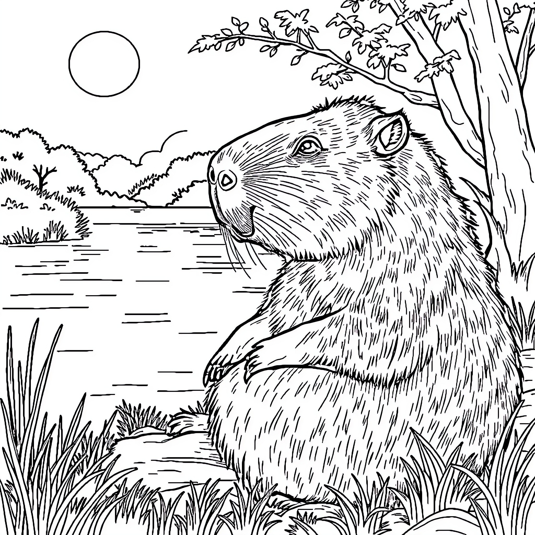 Capybara in peaceful riverside landscape Coloring Page (free black-and-white line drawing printable PDF for all, from beginners to advanced learners, including children, teens, adults, and seniors)