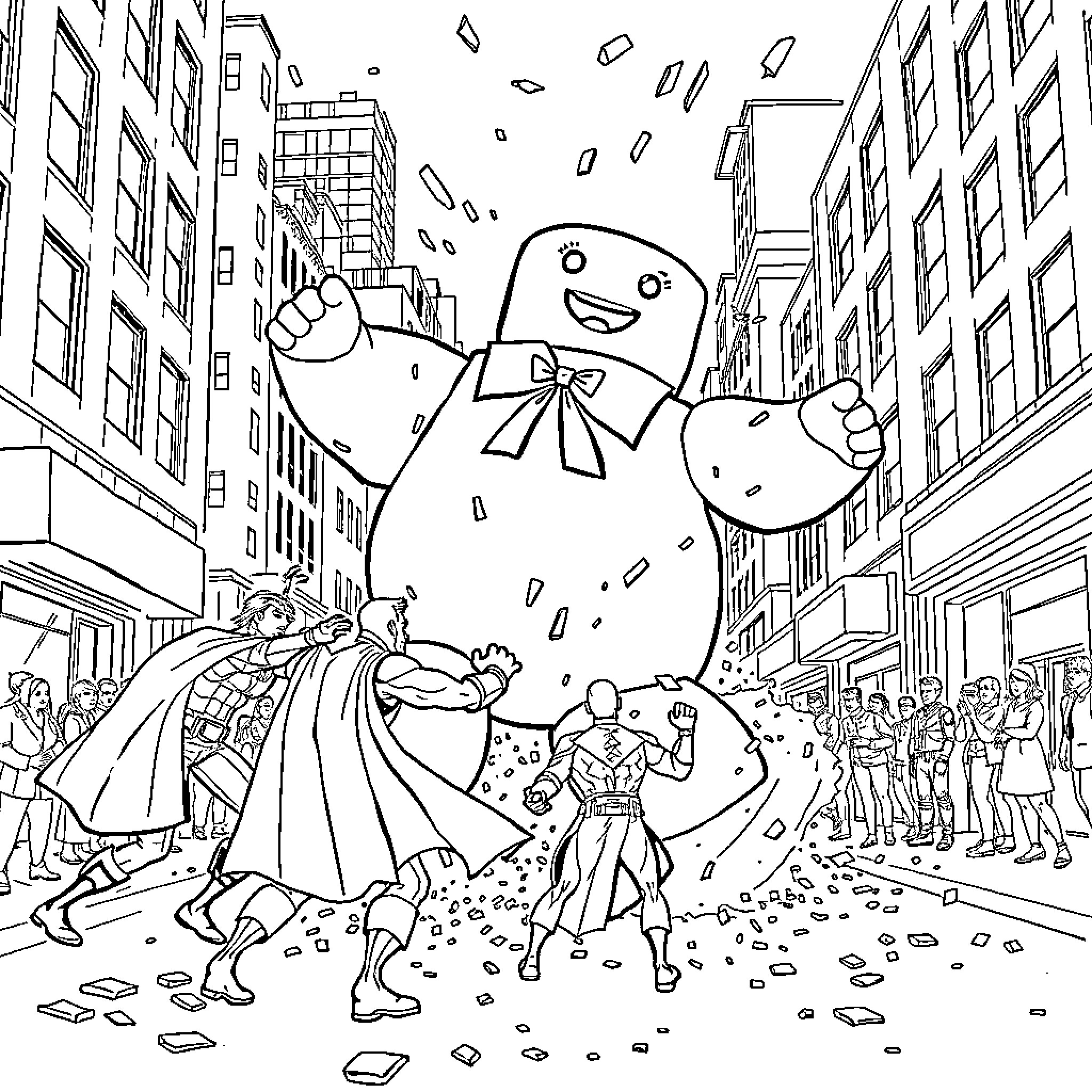 Avenger Takes on Giant Marshmallow Character in City Coloring Page (free black-and-white line drawing printable PDF for all, from beginners to advanced learners, including children, teens, adults, and seniors)