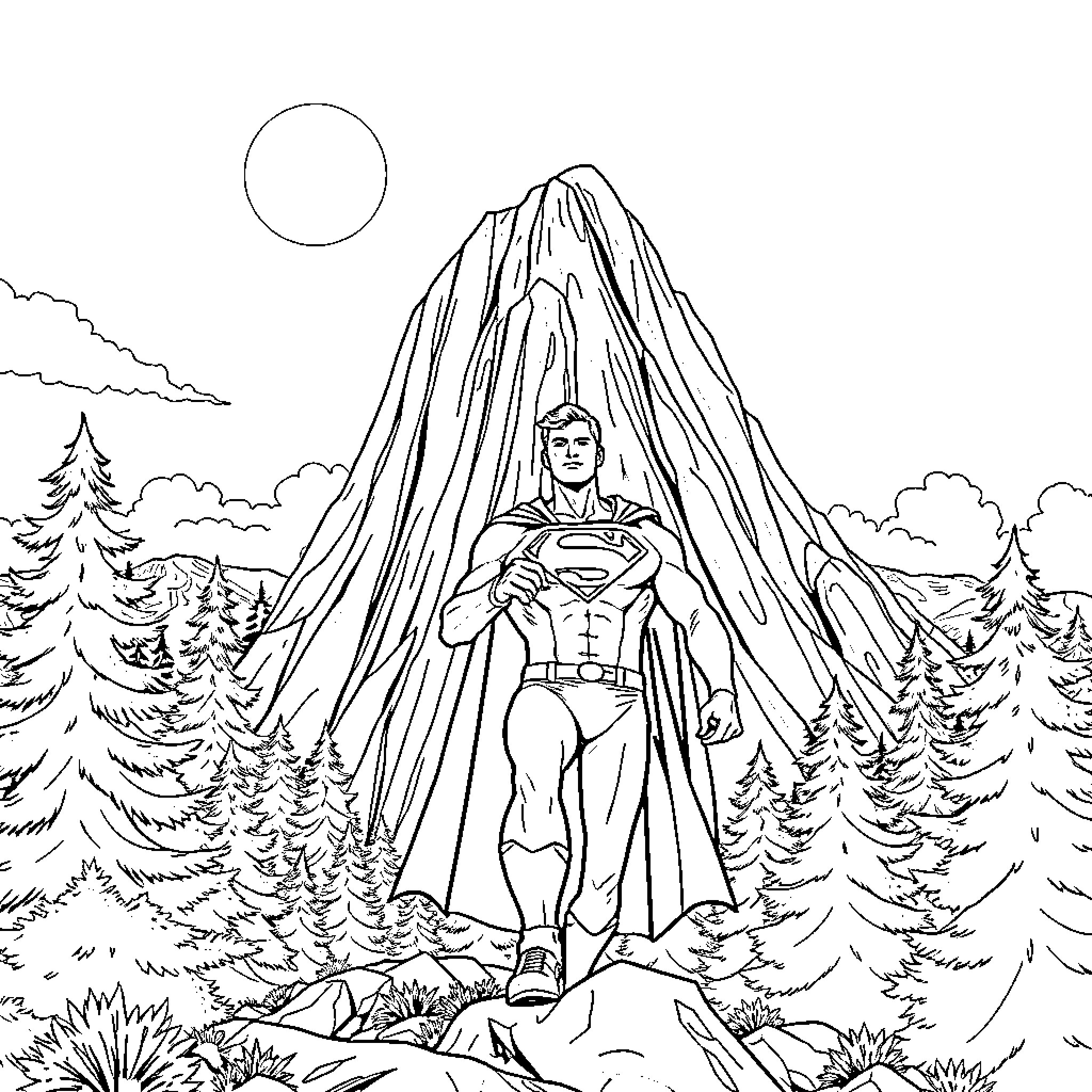 Superman heroically standing in nature Coloring Page (free black-and-white line drawing printable PDF for all, from beginners to advanced learners, including children, teens, adults, and seniors)