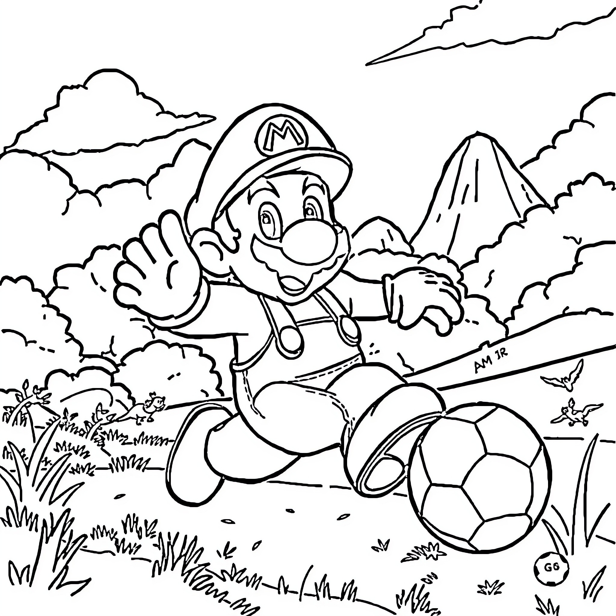 Mario playing soccer in the mountains Coloring Page (free black-and-white line drawing printable PDF for all, from beginners to advanced learners, including children, teens, adults, and seniors)