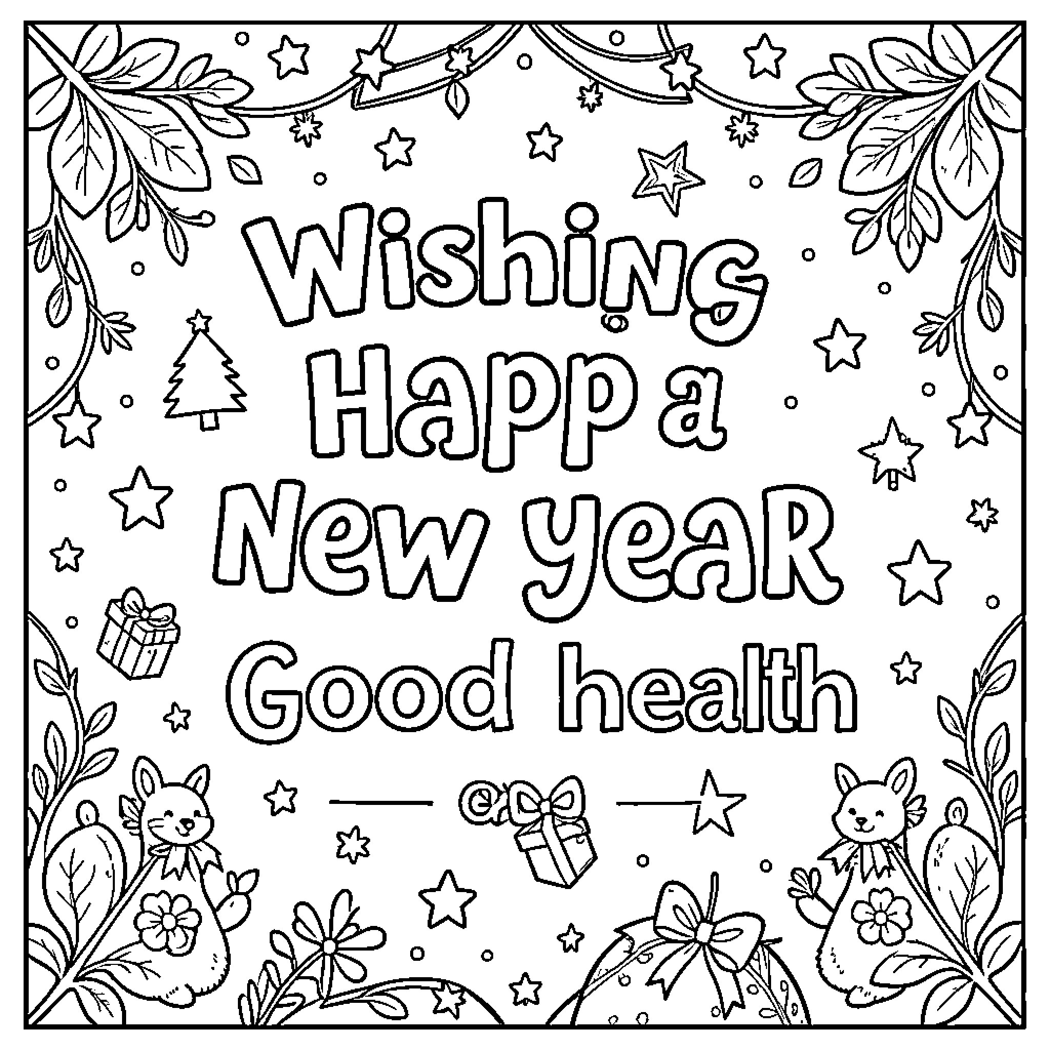 New Year wishes with cute animals and festive decorations Coloring Page (free black-and-white line drawing printable PDF for all, from beginners to advanced learners, including children, teens, adults, and seniors)