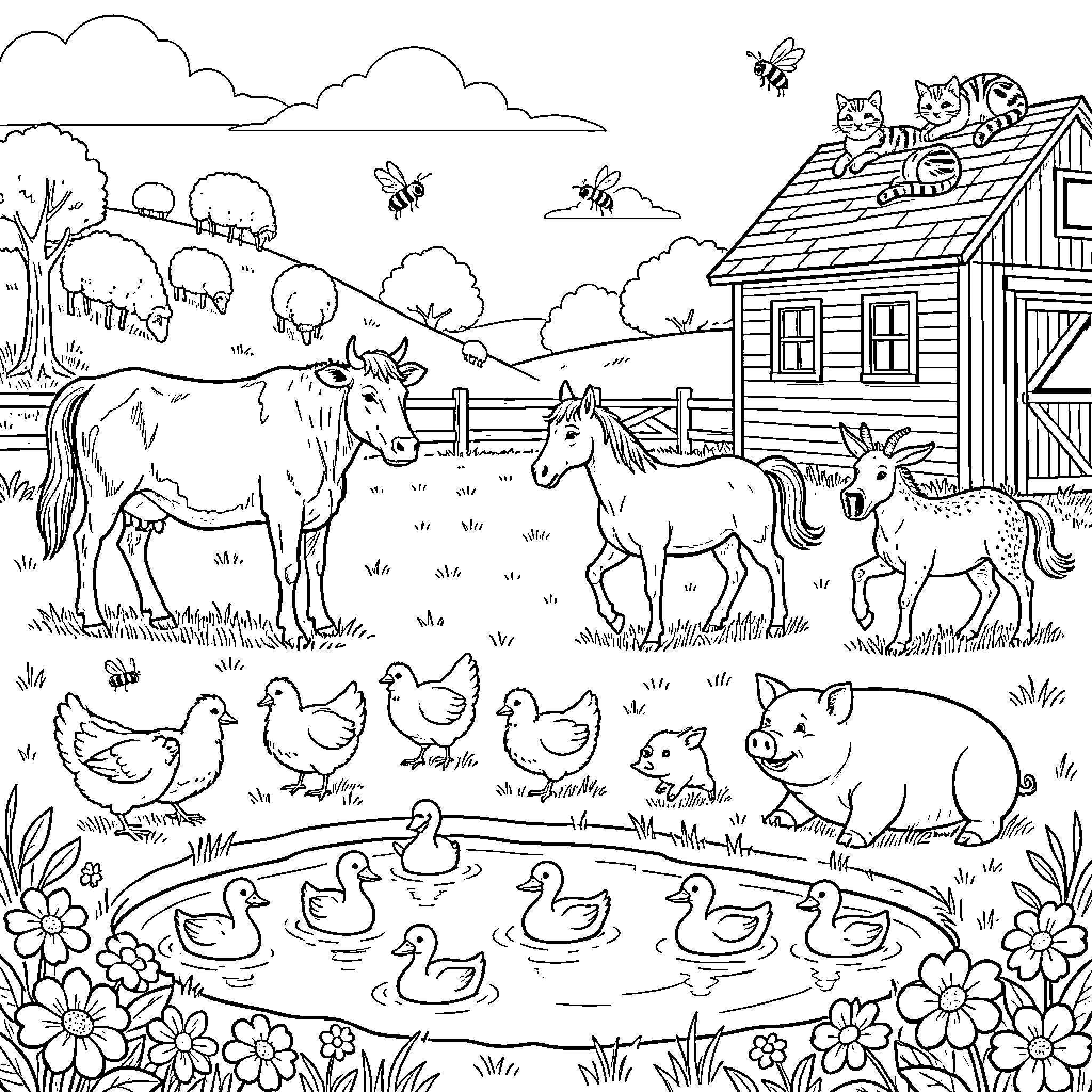 Farm Animal Companions in a Rustic Countryside Scene Coloring Page (free black-and-white line drawing printable PDF for all, from beginners to advanced learners, including children, teens, adults, and seniors)