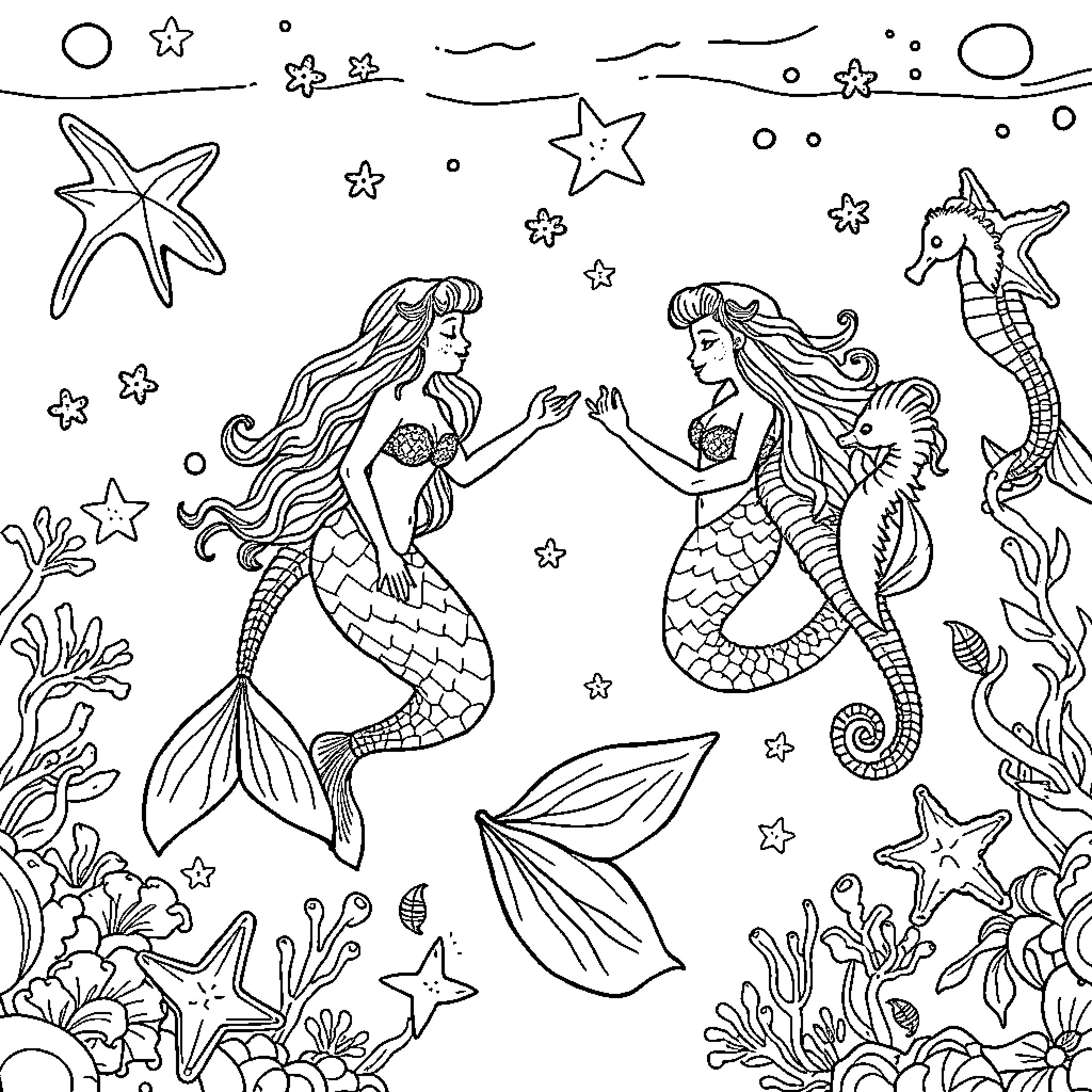 Mermaid sisters explore the underwater world Coloring Page (free black-and-white line drawing printable PDF for all, from beginners to advanced learners, including children, teens, adults, and seniors)