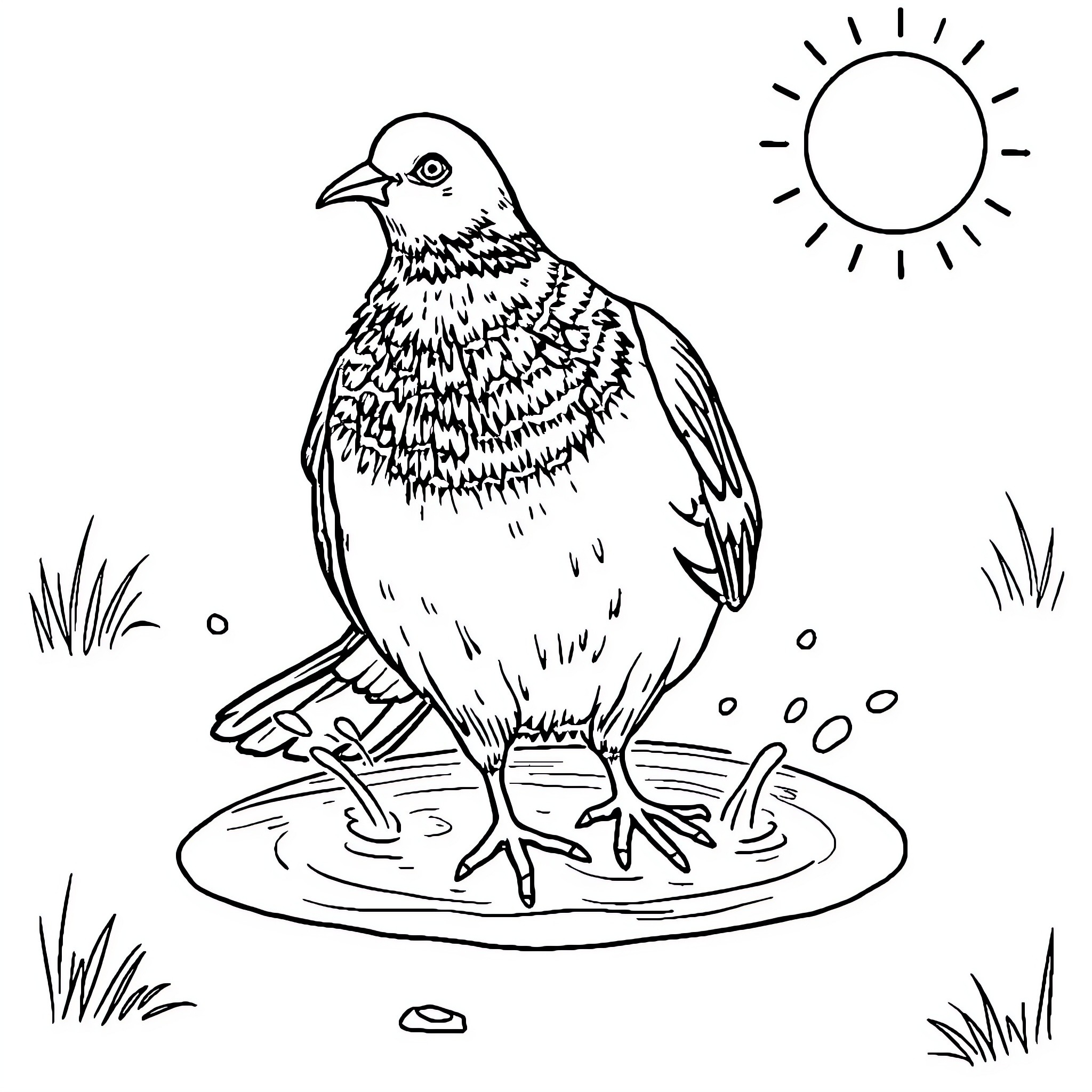 Pigeon standing in puddle under the sun Coloring Page (free black-and-white line drawing printable PDF for all, from beginners to advanced learners, including children, teens, adults, and seniors)