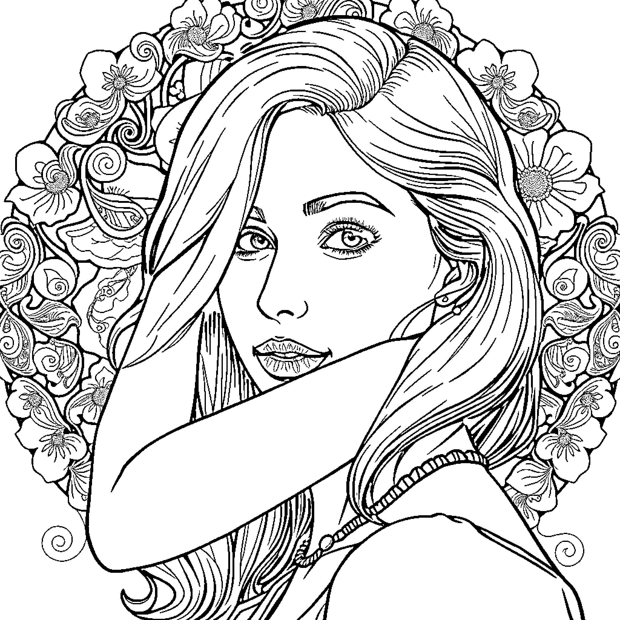 Woman with flowing hair surrounded by floral elements Coloring Page (free black-and-white line drawing printable PDF for all, from beginners to advanced learners, including children, teens, adults, and seniors)