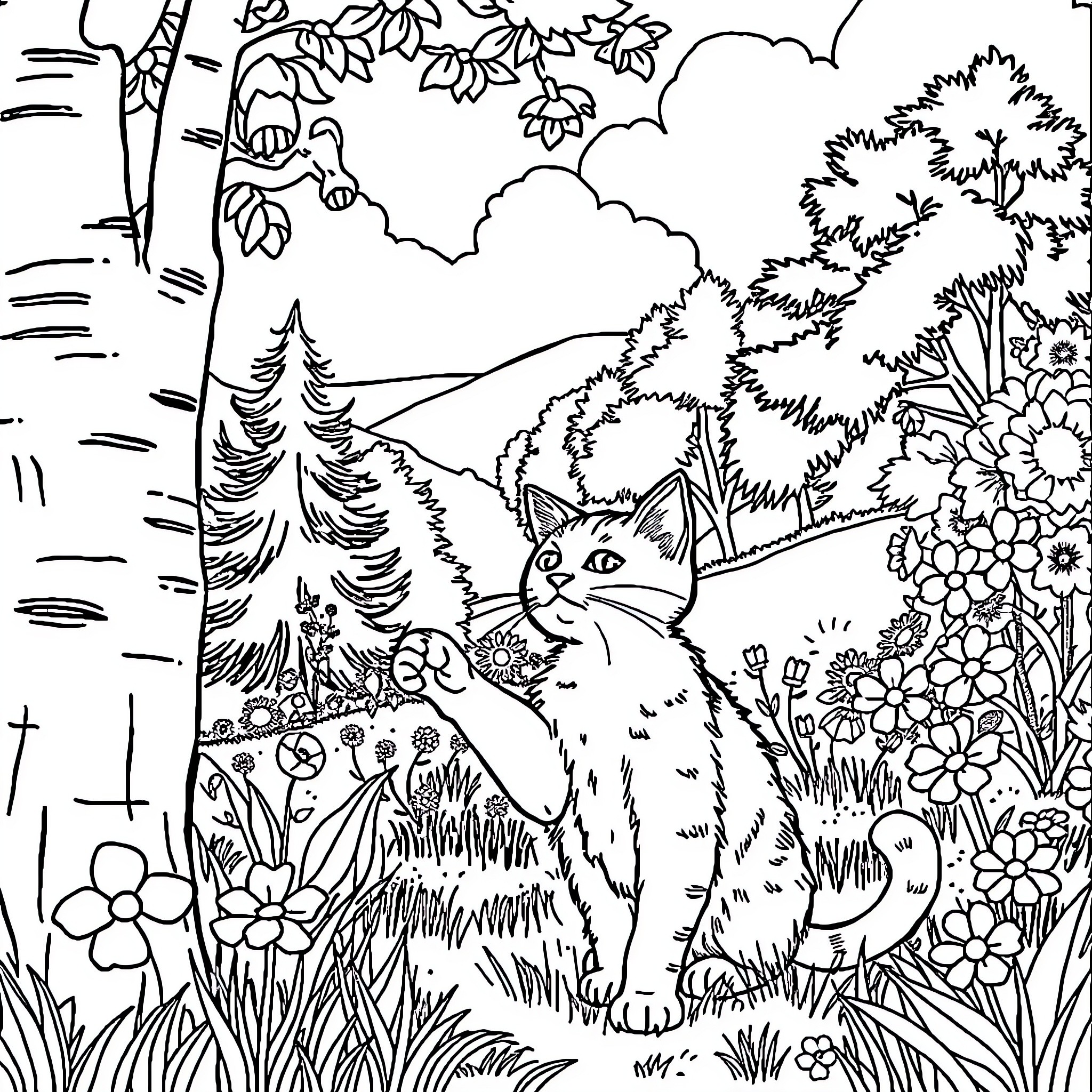 Gatto enjoying the serene forest landscape Coloring Page (free black-and-white line drawing printable PDF for all, from beginners to advanced learners, including children, teens, adults, and seniors)