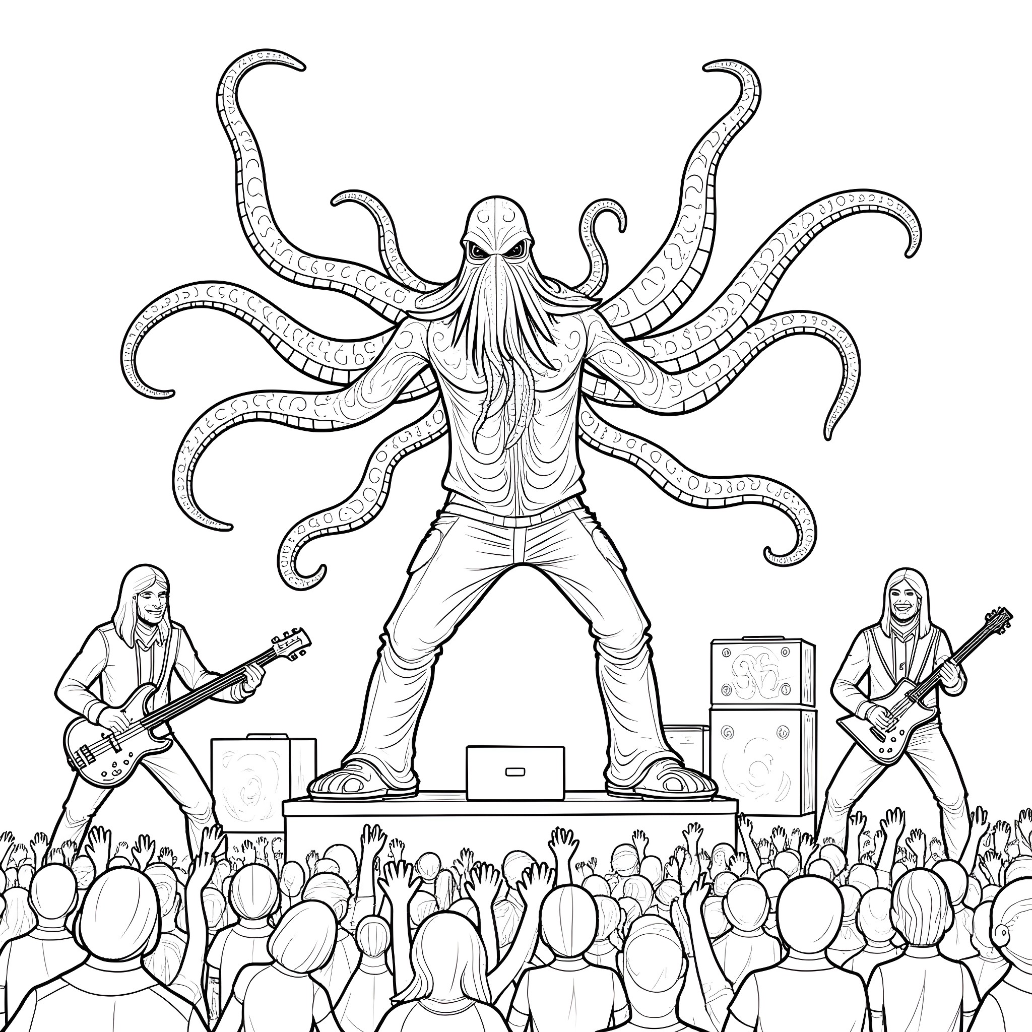 Cthulhu Rises to Lead the Crowd Coloring Page (free black-and-white line drawing printable PDF for all, from beginners to advanced learners, including children, teens, adults, and seniors)