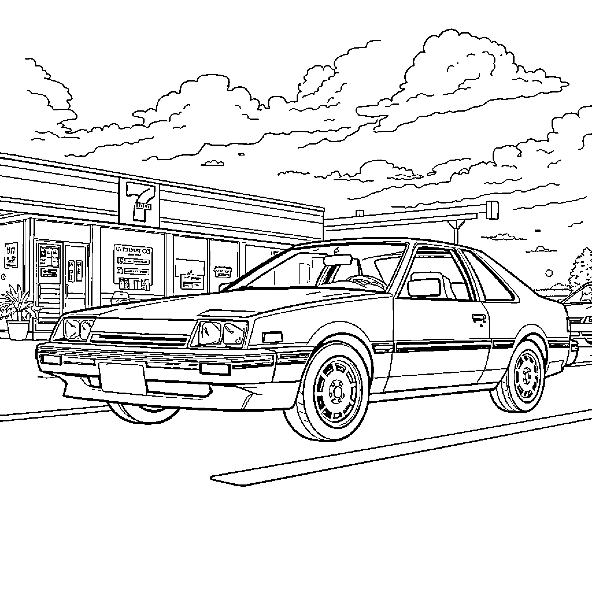 Toyota car parked outside a convenience store Coloring Page (free black-and-white line drawing printable PDF for all, from beginners to advanced learners, including children, teens, adults, and seniors)