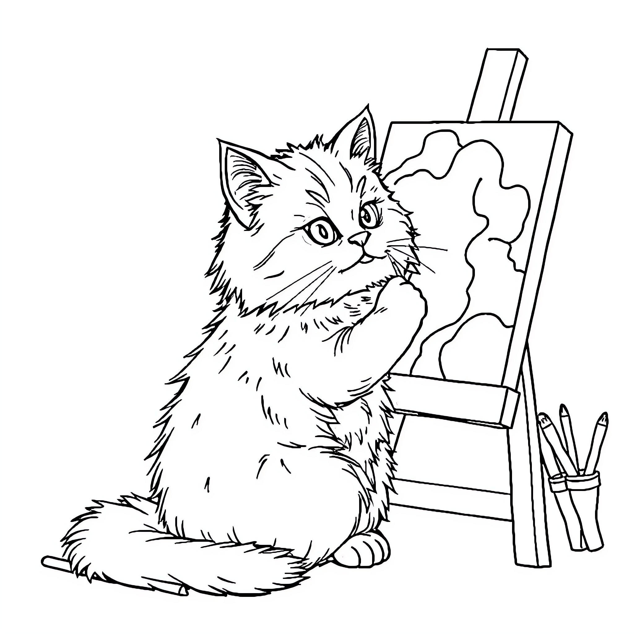 Cat painting on an easel Coloring Page (free black-and-white line drawing printable PDF for all, from beginners to advanced learners, including children, teens, adults, and seniors)