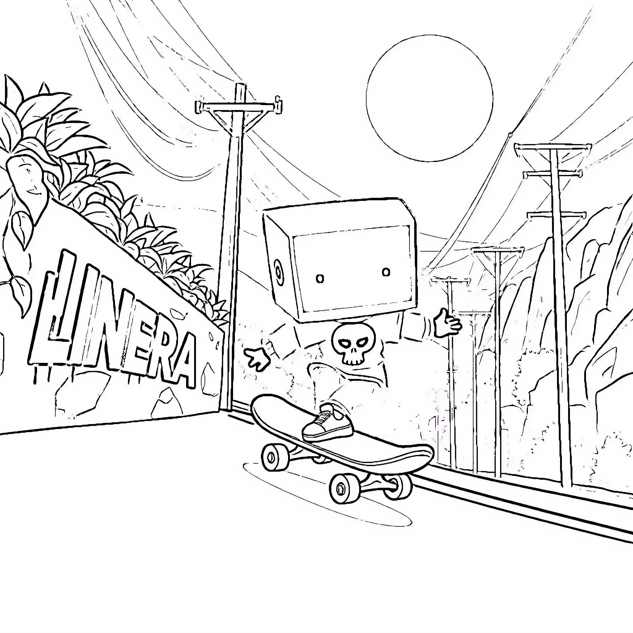 Box-Headed Character Skateboarding Through Dystopian Landscape Coloring Page (free black-and-white line drawing printable PDF for all, from beginners to advanced learners, including children, teens, adults, and seniors)