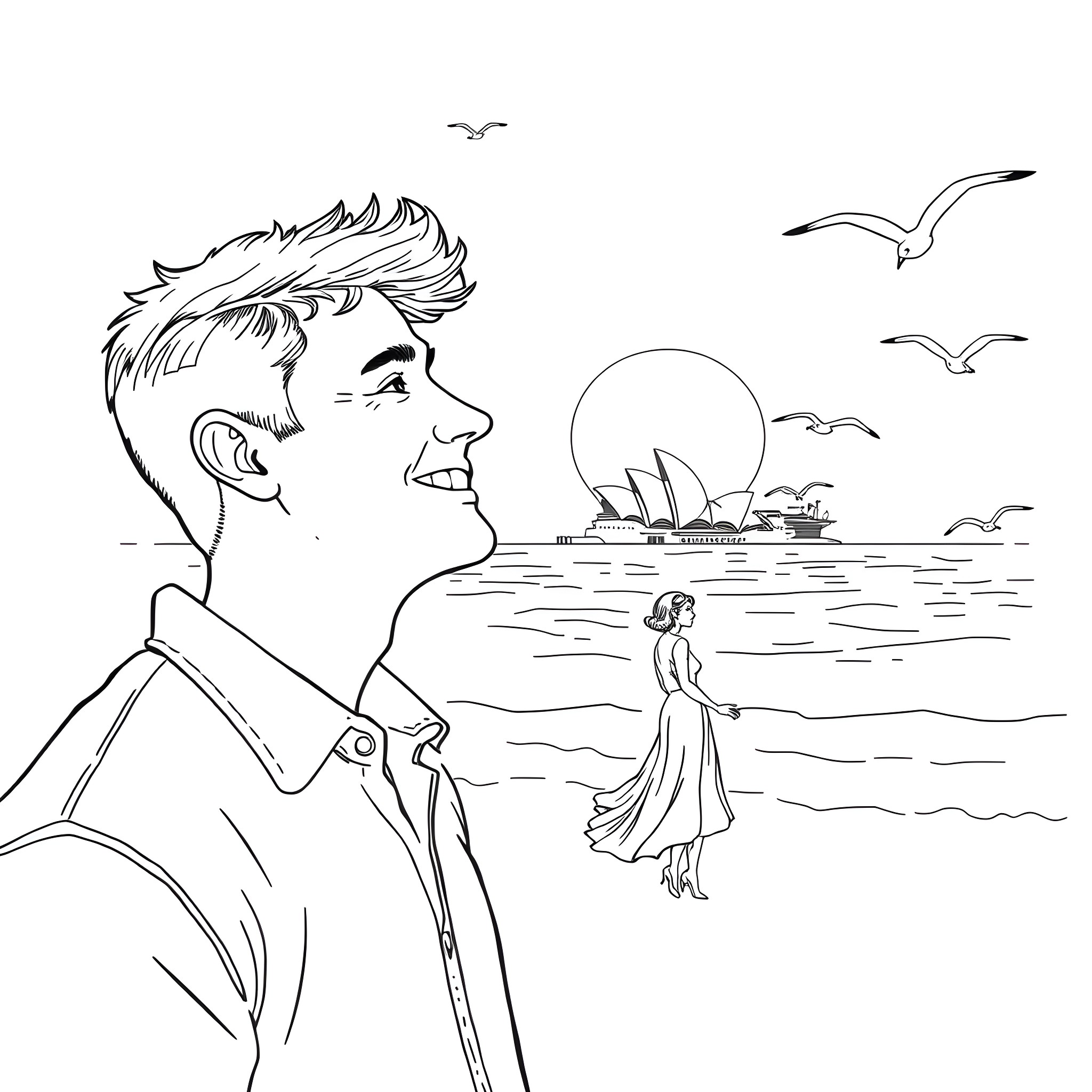 Man admires the view of the city and woman by the ocean Coloring Page (free black-and-white line drawing printable PDF for all, from beginners to advanced learners, including children, teens, adults, and seniors)