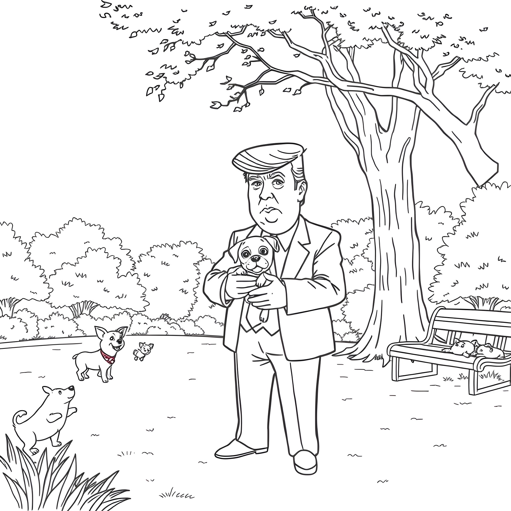 Donald Trump holding a toy in a park with animals Coloring Page (free black-and-white line drawing printable PDF for all, from beginners to advanced learners, including children, teens, adults, and seniors)