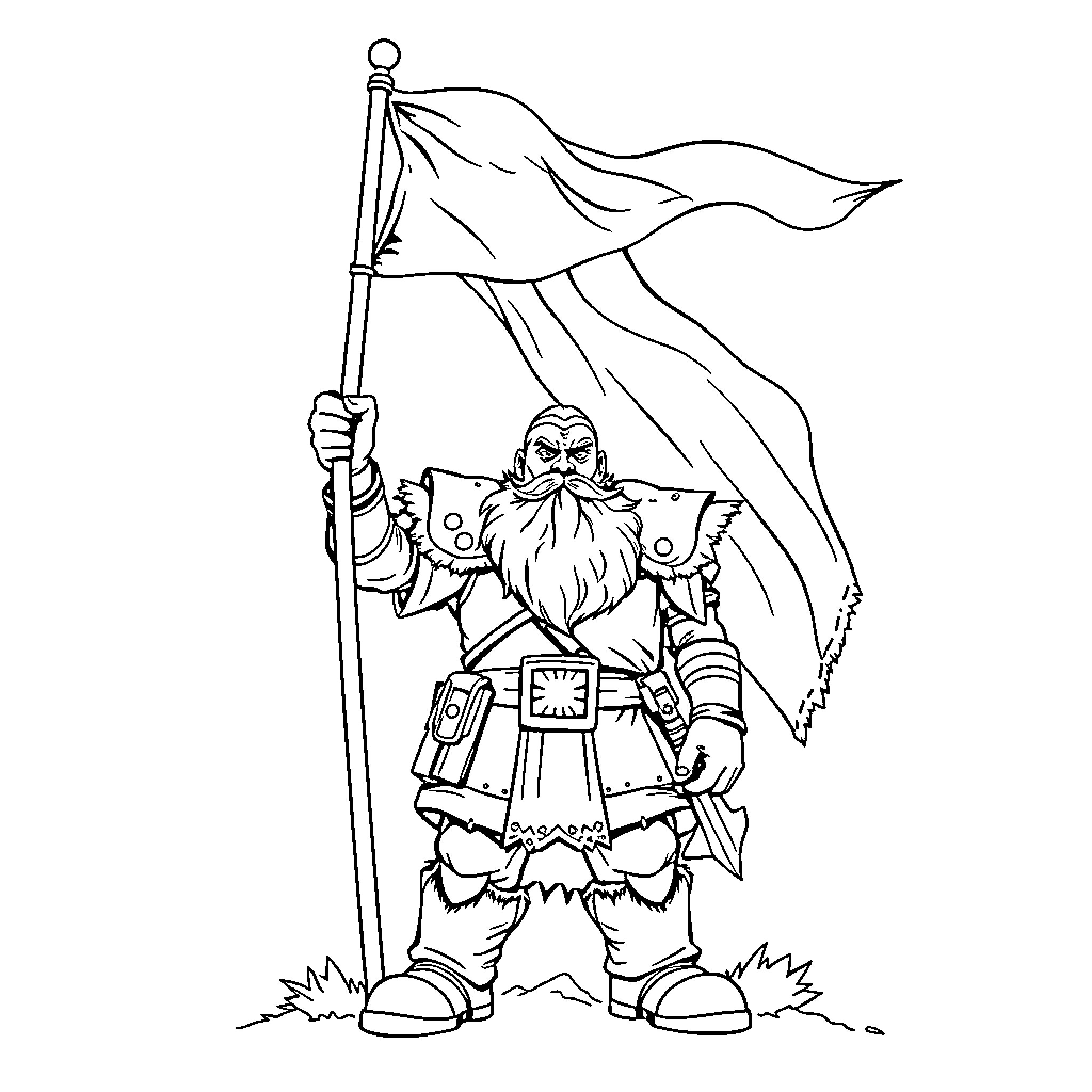 Dwarf warrior carrying a flag and standing proudly Coloring Page (free black-and-white line drawing printable PDF for all, from beginners to advanced learners, including children, teens, adults, and seniors)