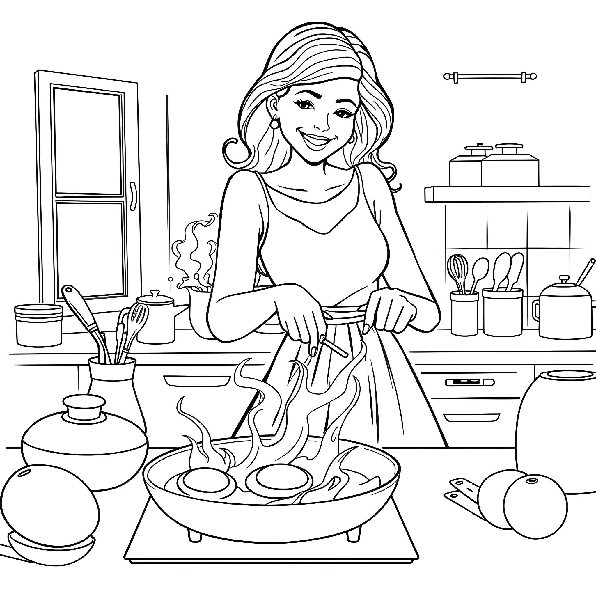 Mom cooking a tasty meal in the kitchen Coloring Page (free black-and-white line drawing printable PDF for all, from beginners to advanced learners, including children, teens, adults, and seniors)