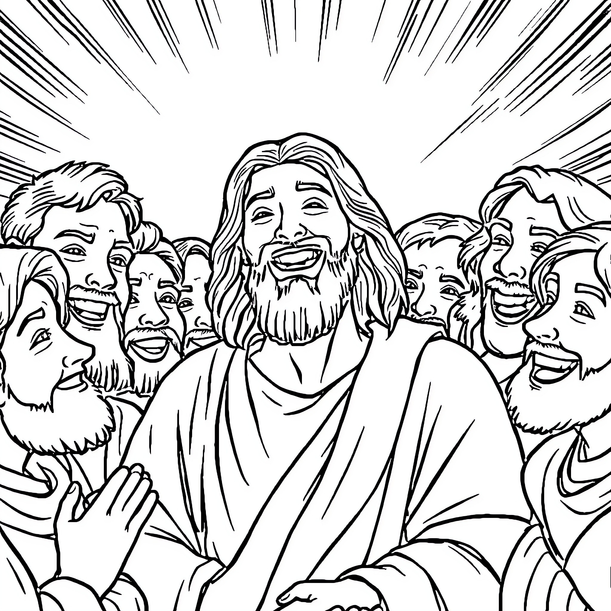Jesus Surrounded by Joyful Followers Coloring Page (free black-and-white line drawing printable PDF for all, from beginners to advanced learners, including children, teens, adults, and seniors)