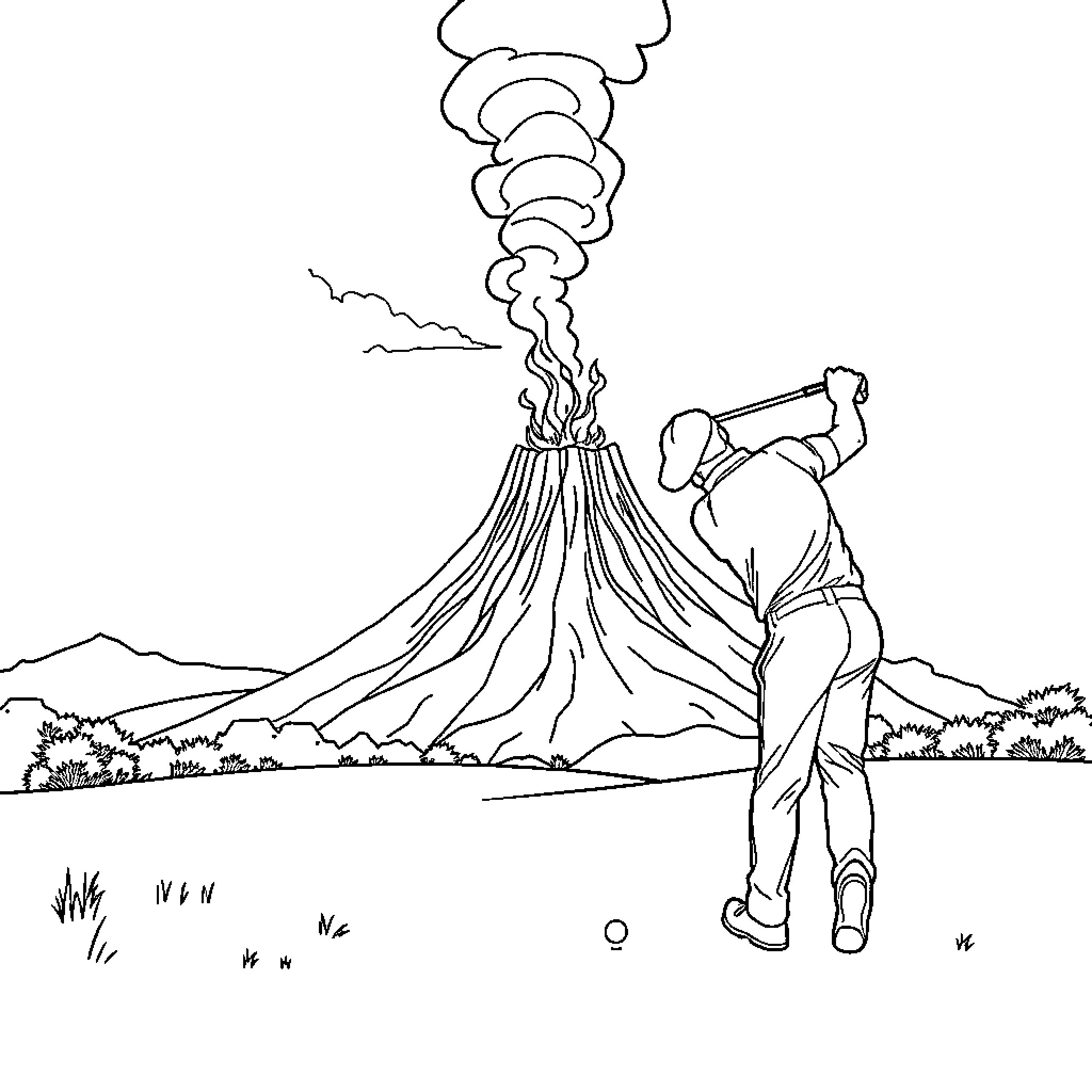 Golfer observing dramatic volcanic eruption Coloring Page (free black-and-white line drawing printable PDF for all, from beginners to advanced learners, including children, teens, adults, and seniors)