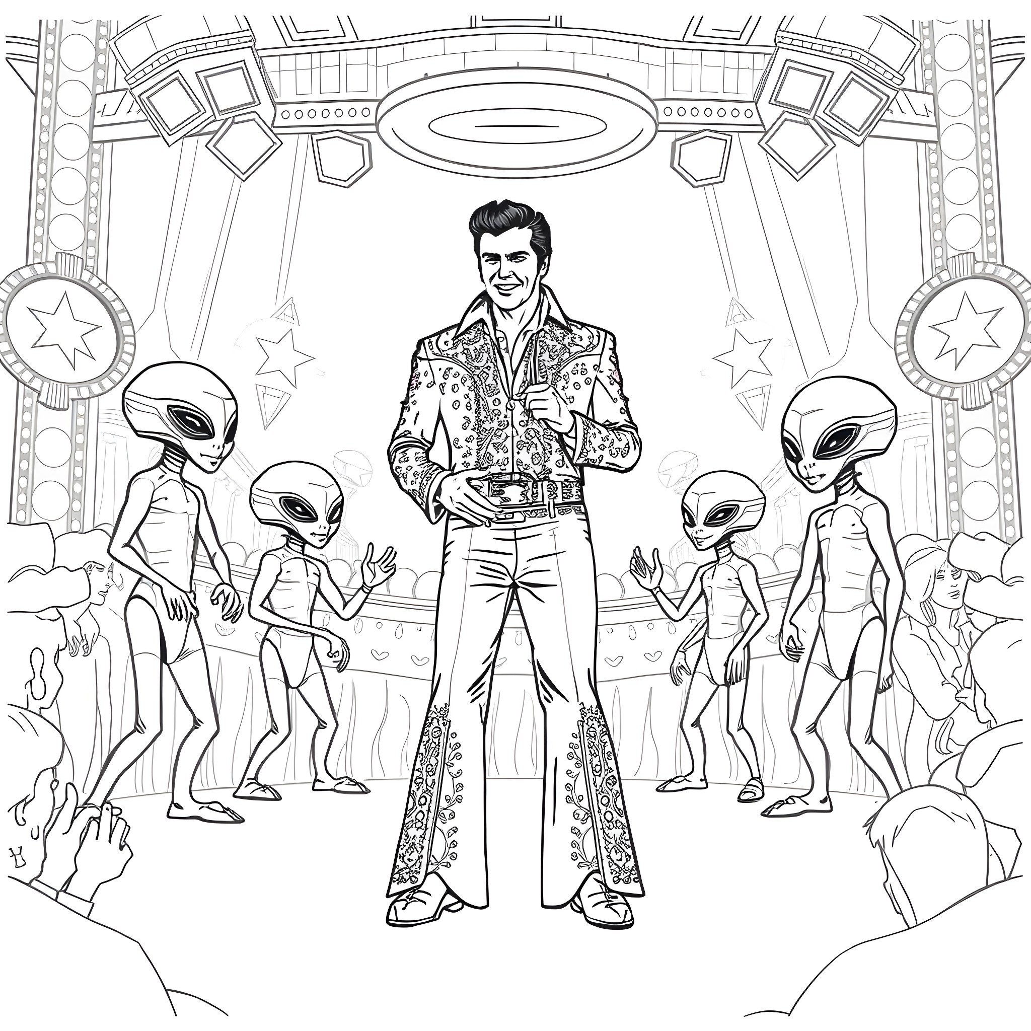 Elvis Presley's Otherworldly Stage Performance Coloring Page (free black-and-white line drawing printable PDF for all, from beginners to advanced learners, including children, teens, adults, and seniors)