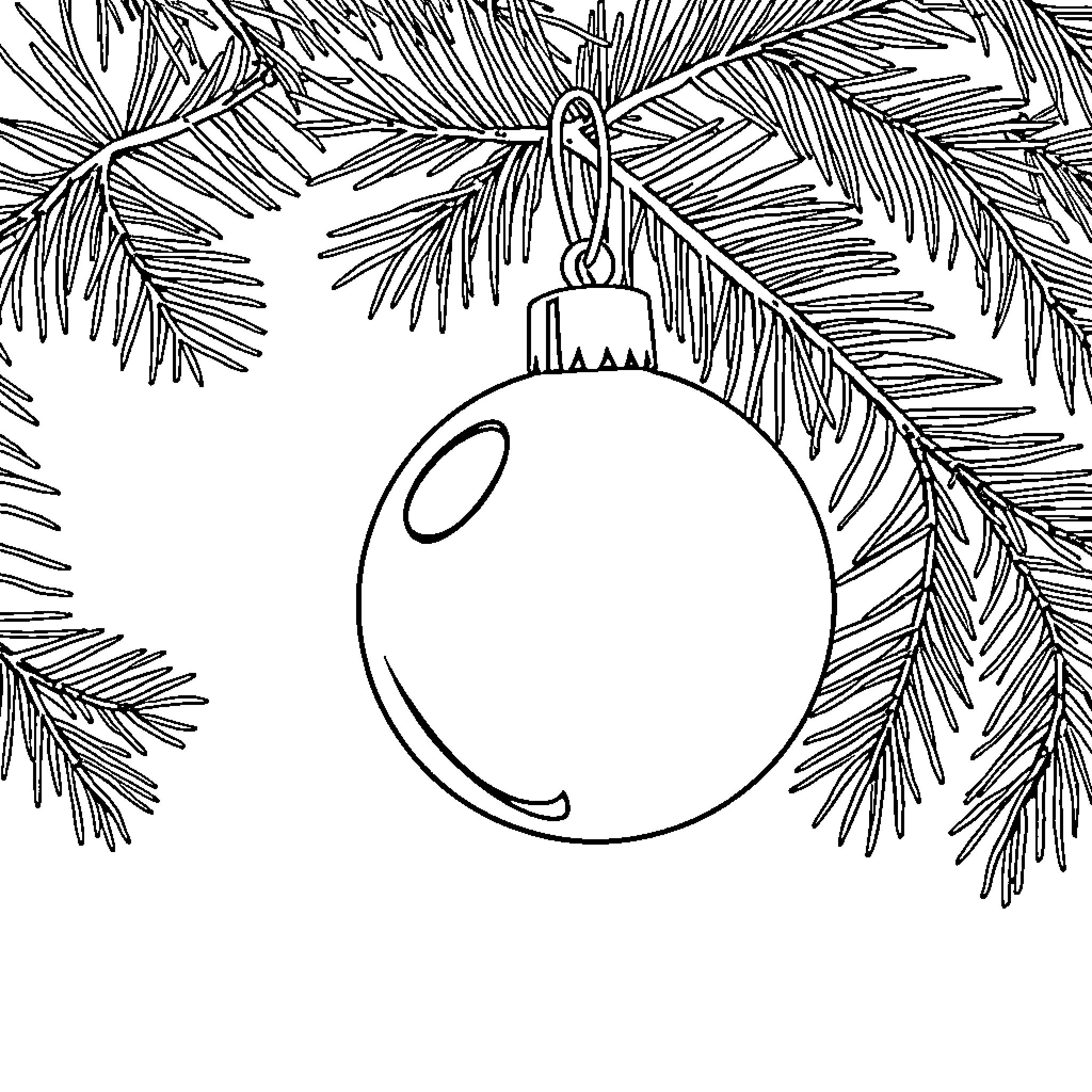 Christmas Ornament hanging on pine tree branch Coloring Page (free black-and-white line drawing printable PDF for all, from beginners to advanced learners, including children, teens, adults, and seniors)