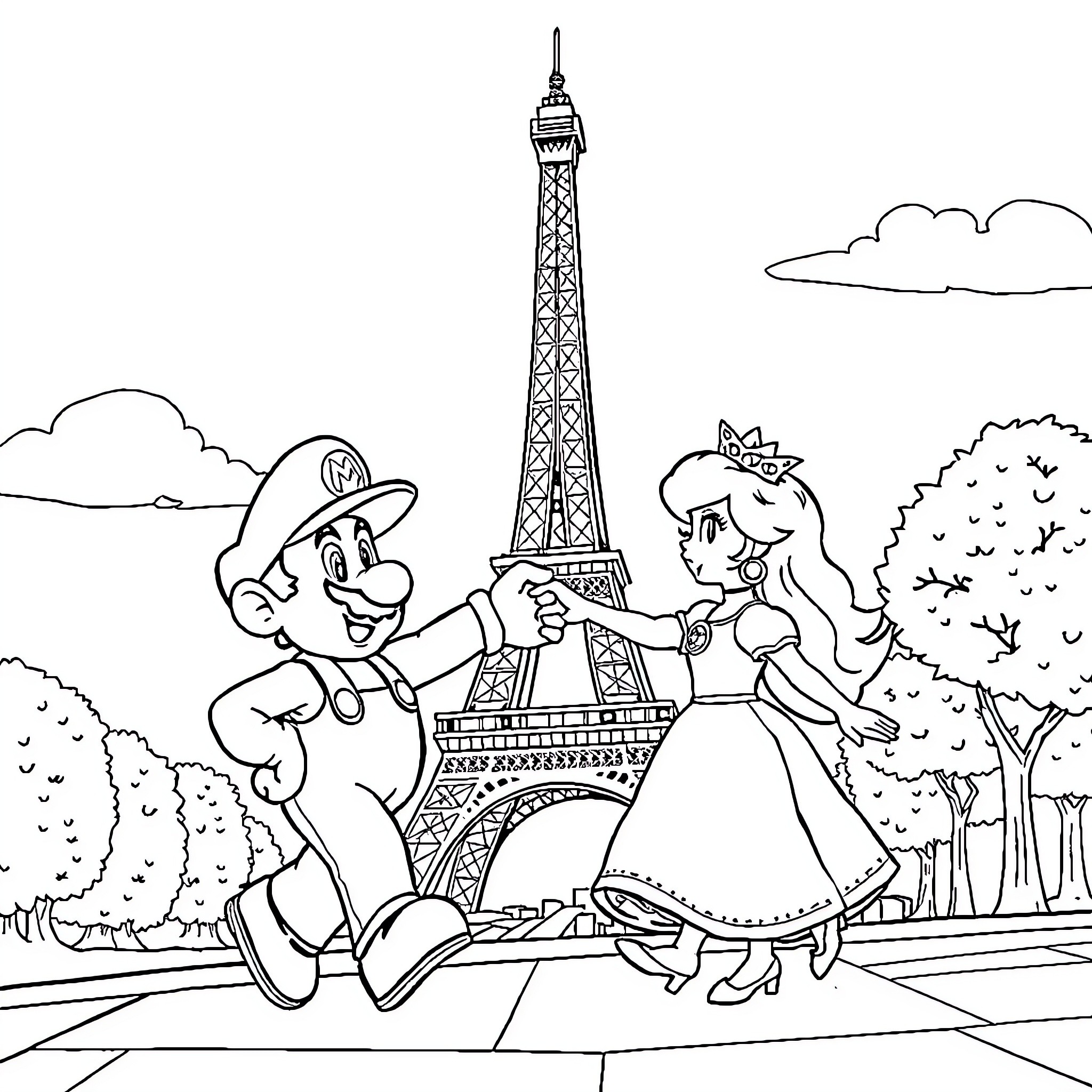Mario and Princess Exploring the Eiffel Tower Coloring Page (free black-and-white line drawing printable PDF for all, from beginners to advanced learners, including children, teens, adults, and seniors)