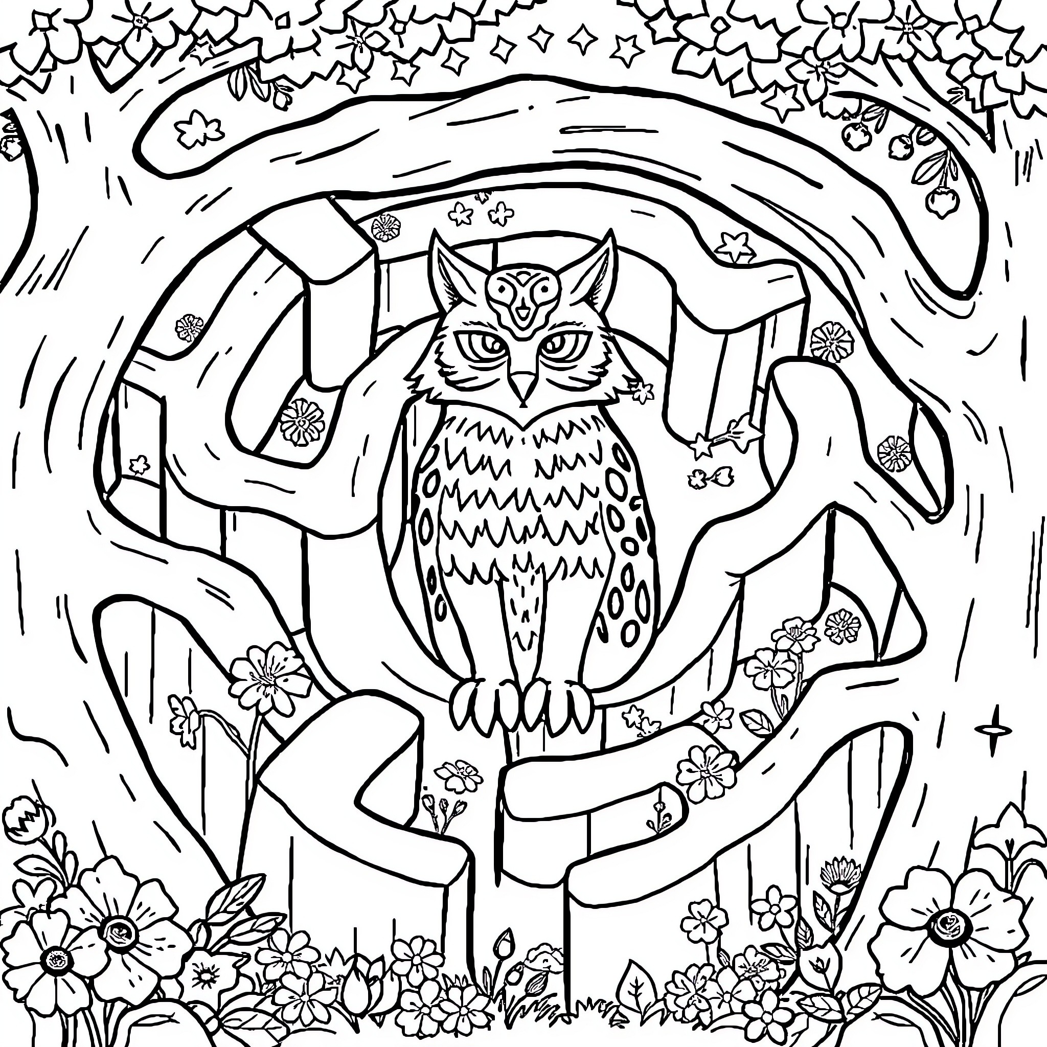 Wolf owl in the enchanted forest Coloring Page (free black-and-white line drawing printable PDF for all, from beginners to advanced learners, including children, teens, adults, and seniors)