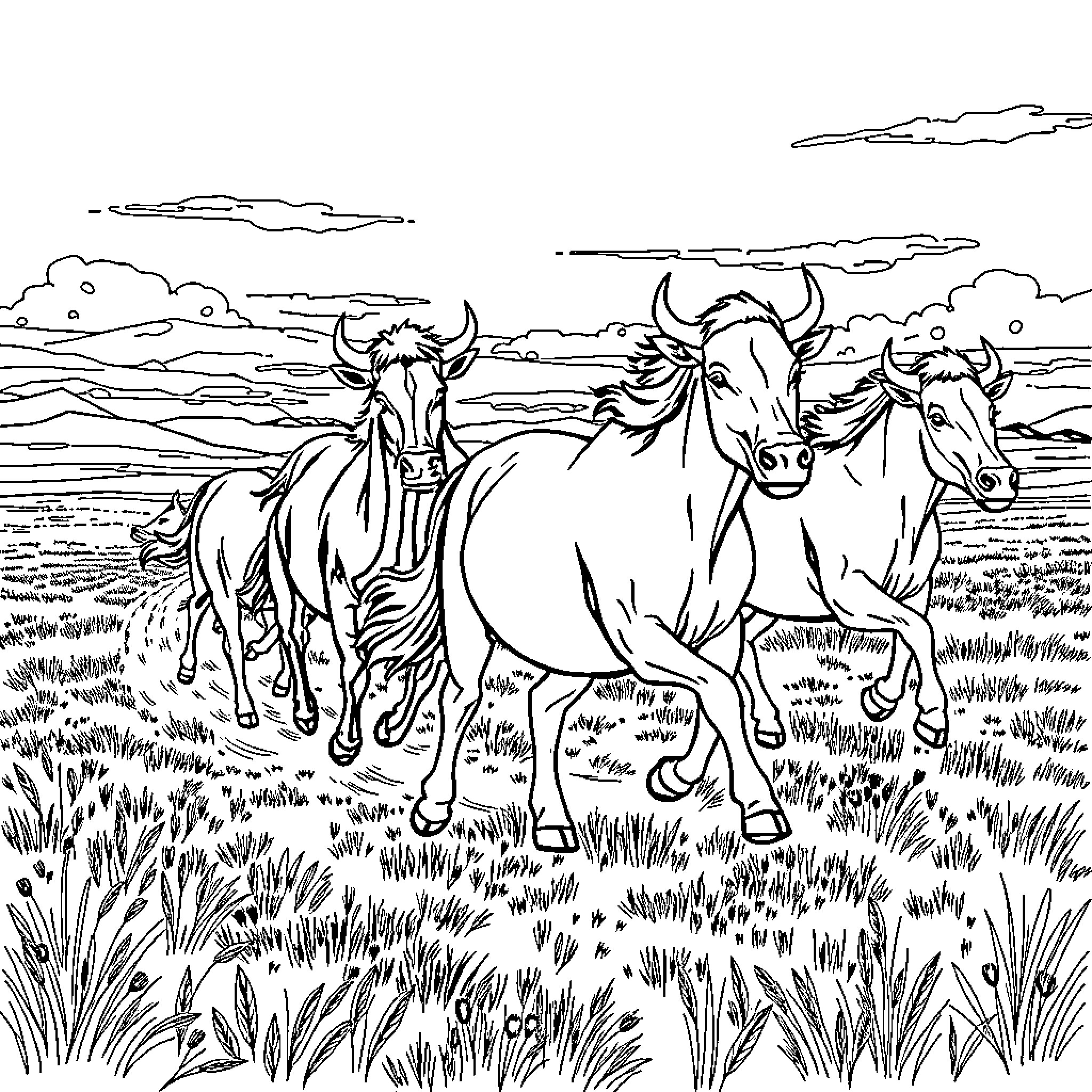 Wild Horses Galloping Across the Meadow Coloring Page (free black-and-white line drawing printable PDF for all, from beginners to advanced learners, including children, teens, adults, and seniors)