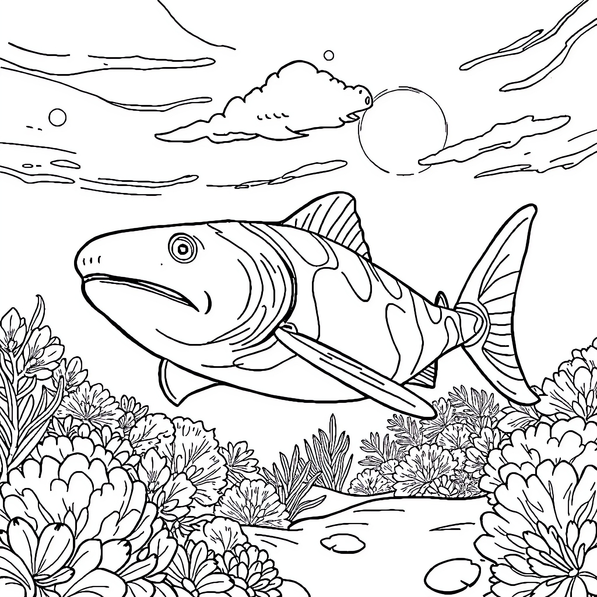 Dunkleosteus swimming in the underwater scene Coloring Page (free black-and-white line drawing printable PDF for all, from beginners to advanced learners, including children, teens, adults, and seniors)