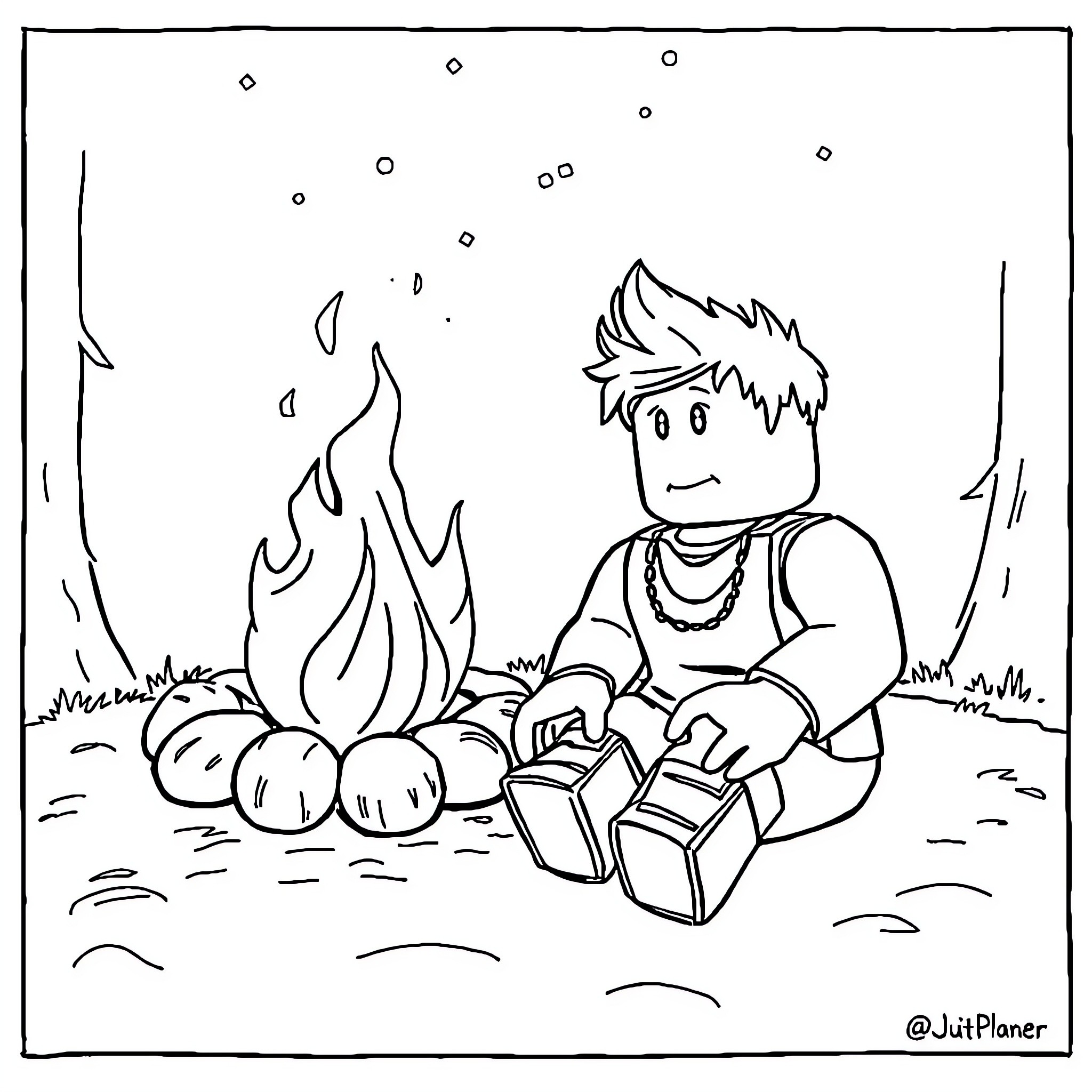 Roblox character camping near bonfire Coloring Page (free black-and-white line drawing printable PDF for all, from beginners to advanced learners, including children, teens, adults, and seniors)