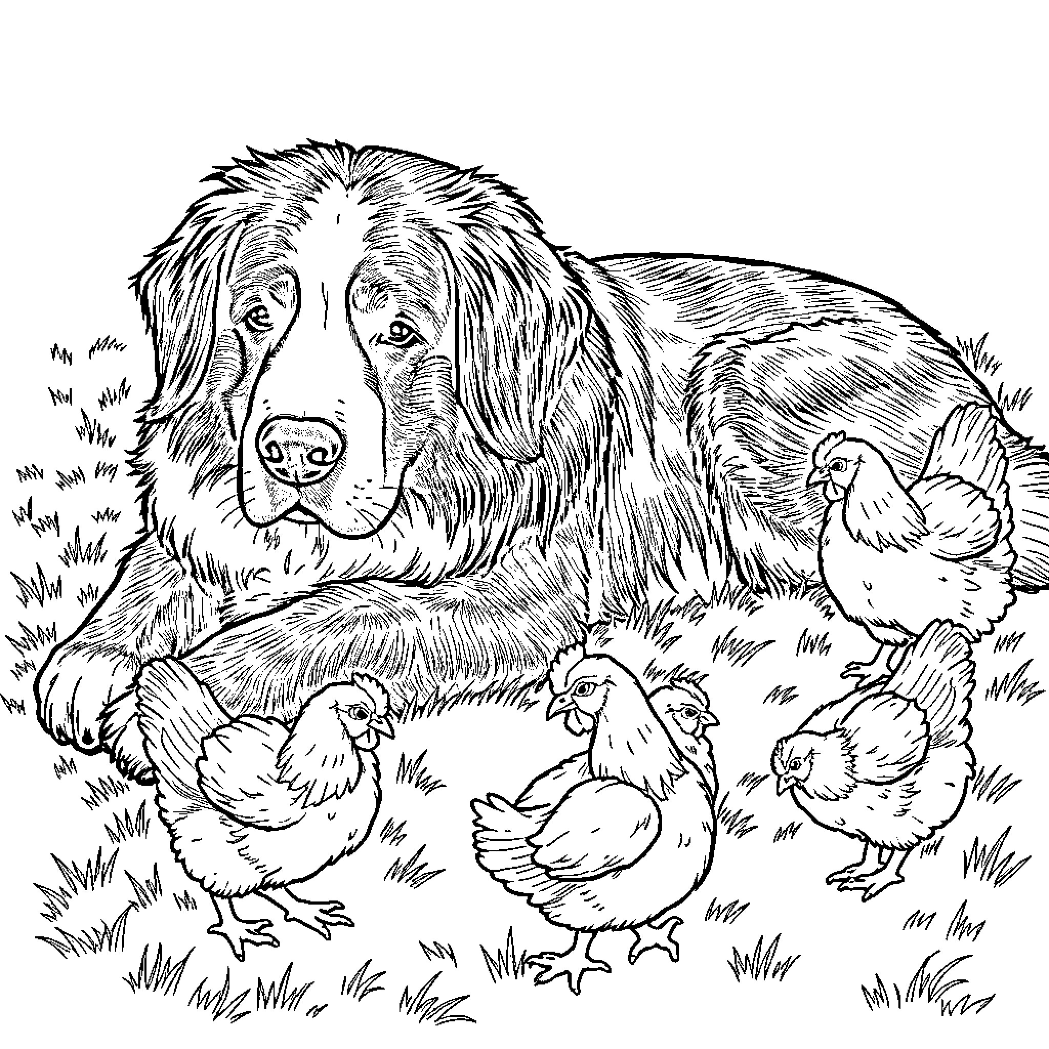 Bernese Mountain Dog relaxing with barnyard animals Coloring Page (free black-and-white line drawing printable PDF for all, from beginners to advanced learners, including children, teens, adults, and seniors)