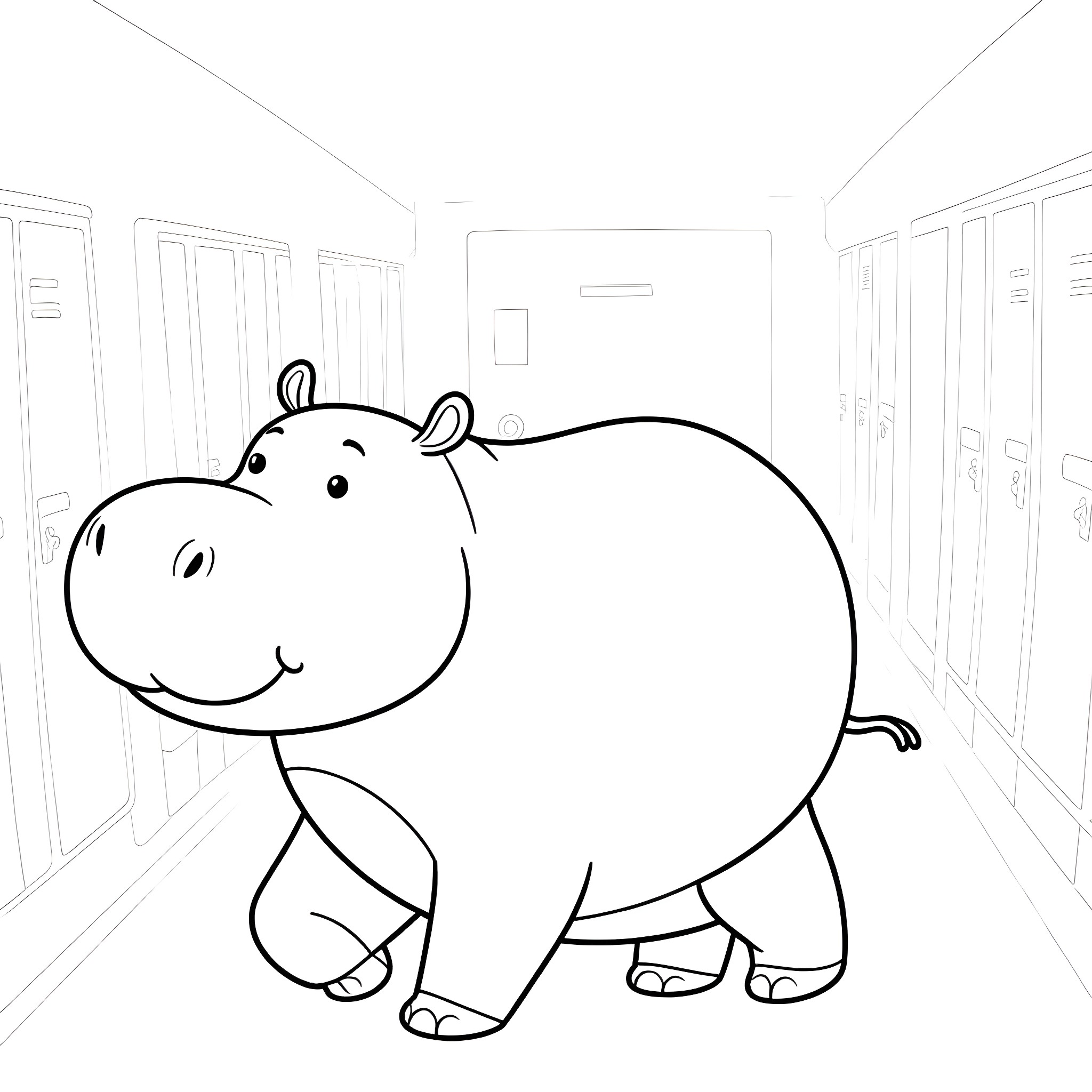 Hippo in a school hallway Coloring Page (free black-and-white line drawing printable PDF for all, from beginners to advanced learners, including children, teens, adults, and seniors)