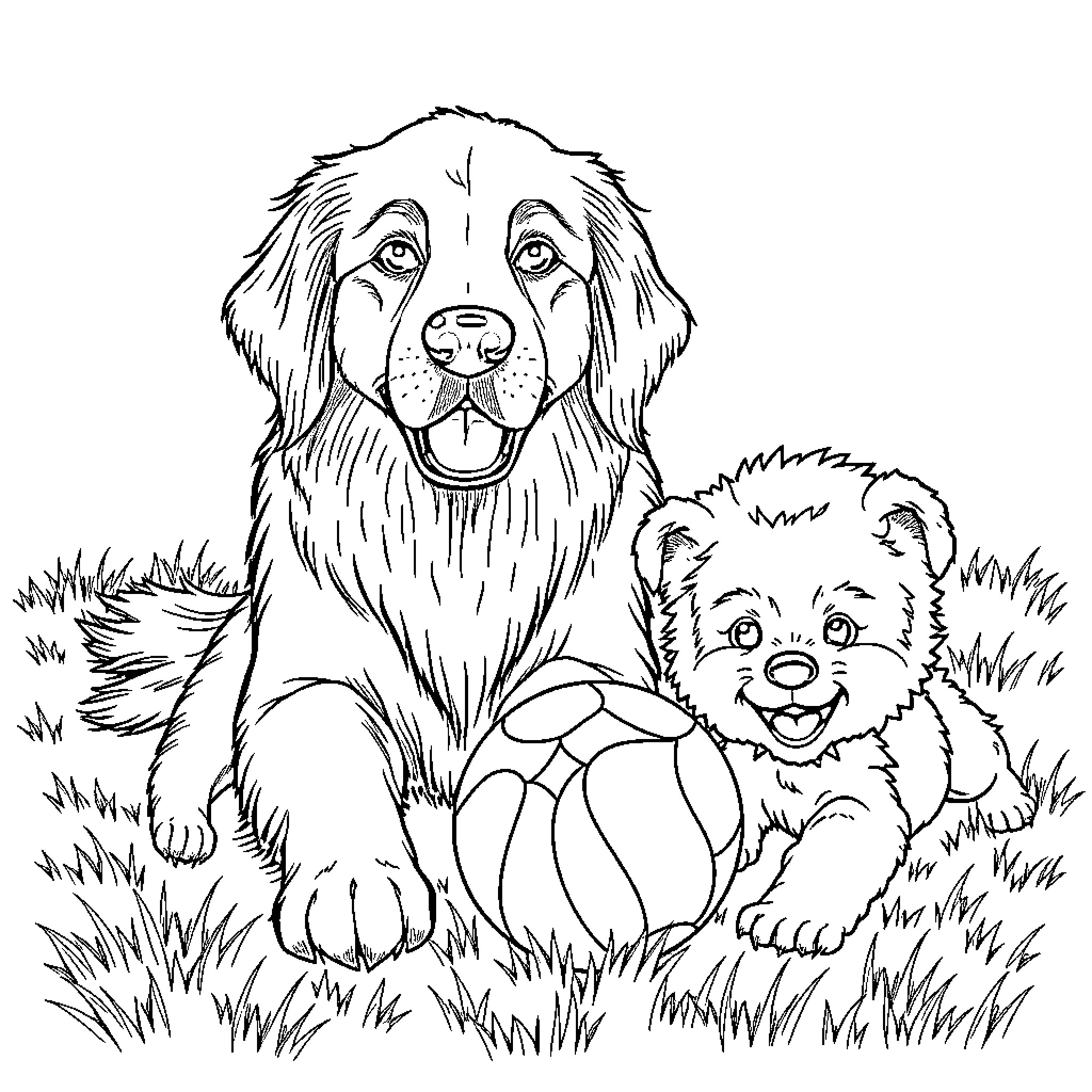 Dog and puppy playing with ball in the grass Coloring Page (free black-and-white line drawing printable PDF for all, from beginners to advanced learners, including children, teens, adults, and seniors)