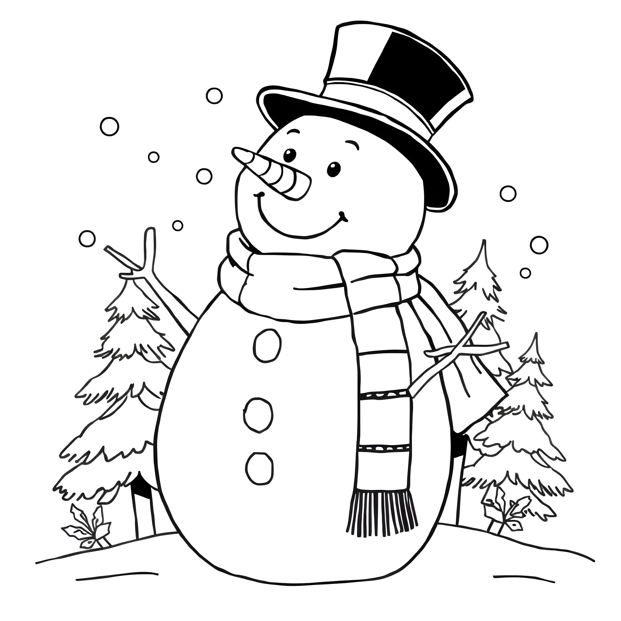 Snowman standing in a winter wonderland Coloring Page (free black-and-white line drawing printable PDF for all, from beginners to advanced learners, including children, teens, adults, and seniors)