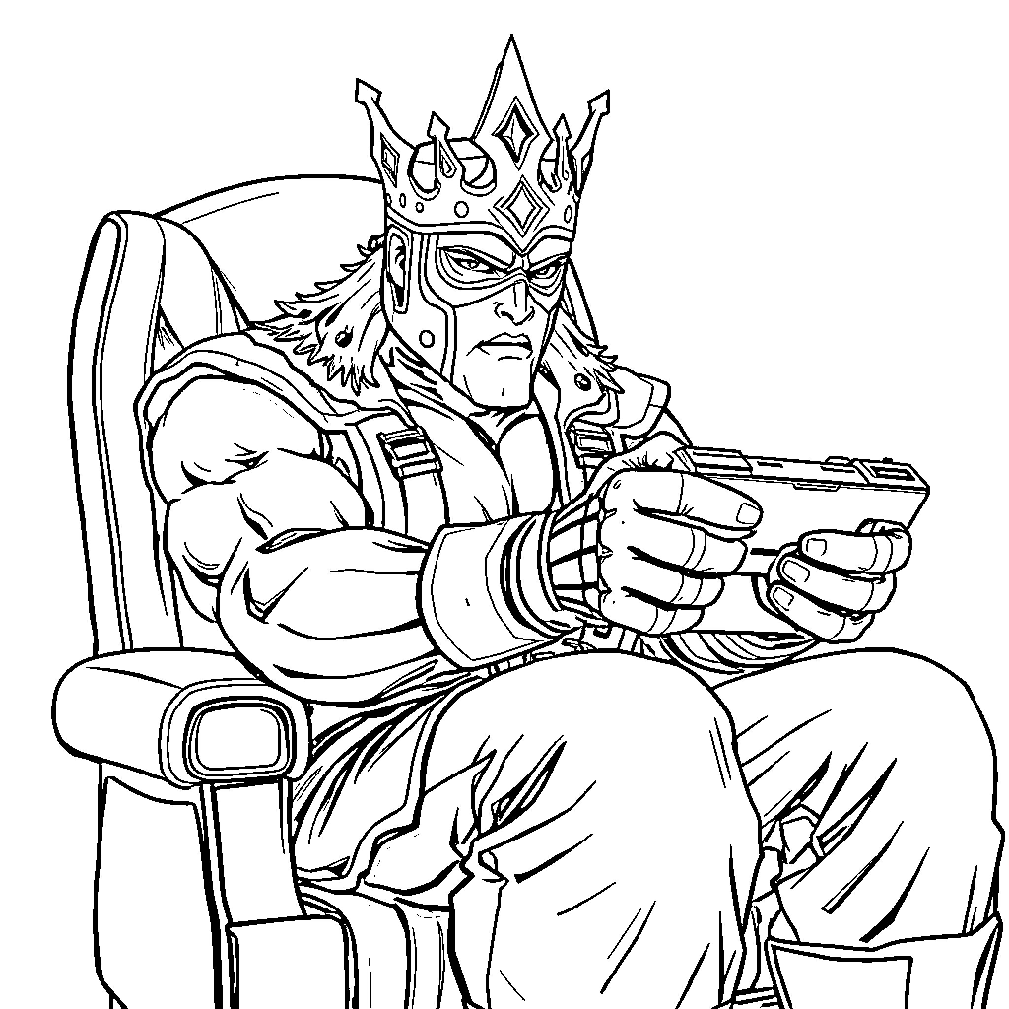 King Wielding a Powerful Weapon on Throne Coloring Page (free black-and-white line drawing printable PDF for all, from beginners to advanced learners, including children, teens, adults, and seniors)