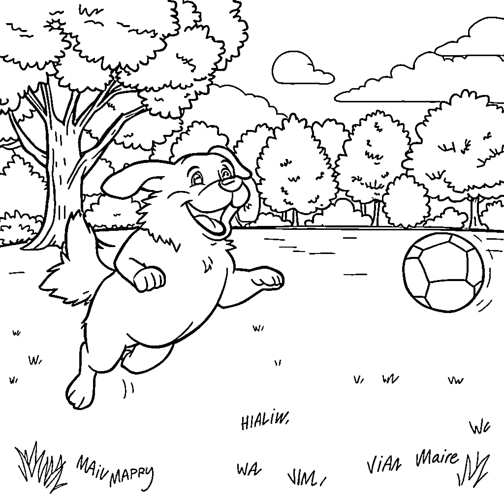 Dog playing happily with ball in the park Coloring Page (free black-and-white line drawing printable PDF for all, from beginners to advanced learners, including children, teens, adults, and seniors)