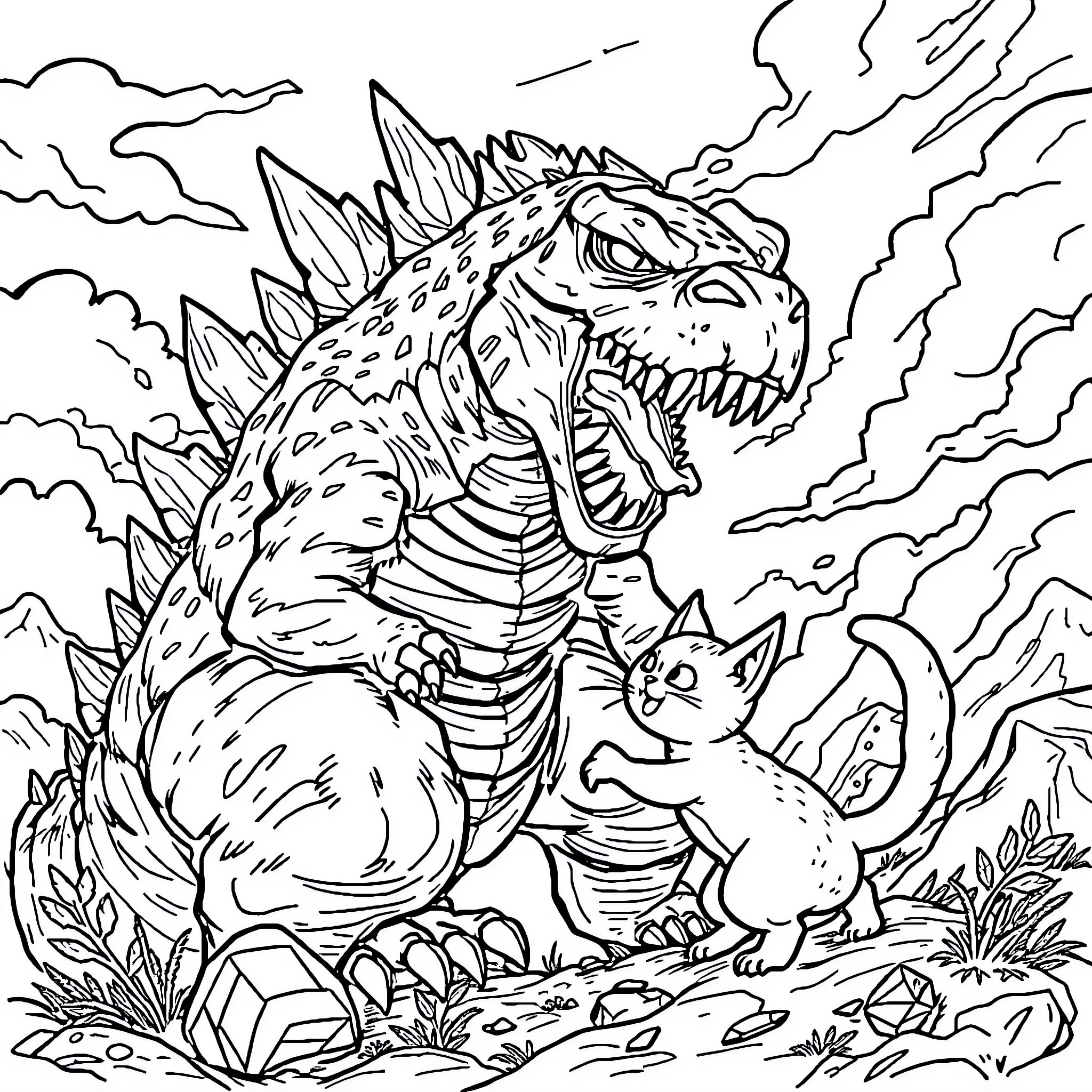 Godzilla confronting a small creature in a stormy landscape Coloring Page (free black-and-white line drawing printable PDF for all, from beginners to advanced learners, including children, teens, adults, and seniors)