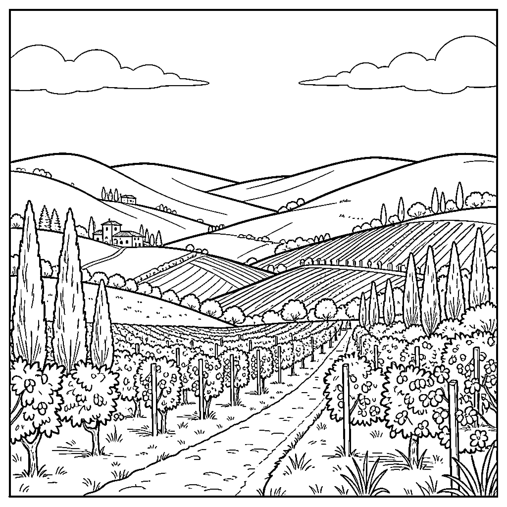 Italian Landscape with Scenic Countryside Coloring Page (free black-and-white line drawing printable PDF for all, from beginners to advanced learners, including children, teens, adults, and seniors)