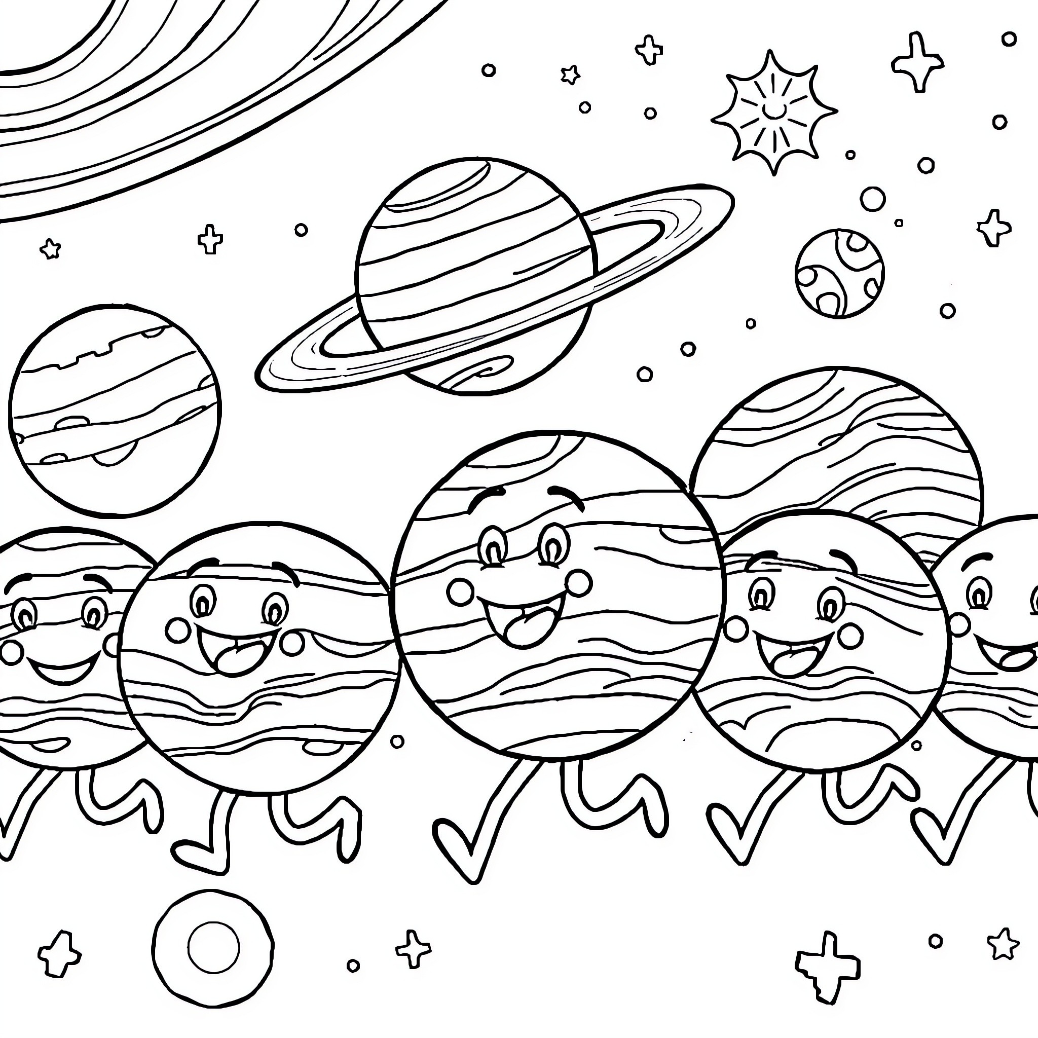Planet exploration adventure in the cosmos Coloring Page (free black-and-white line drawing printable PDF for all, from beginners to advanced learners, including children, teens, adults, and seniors)