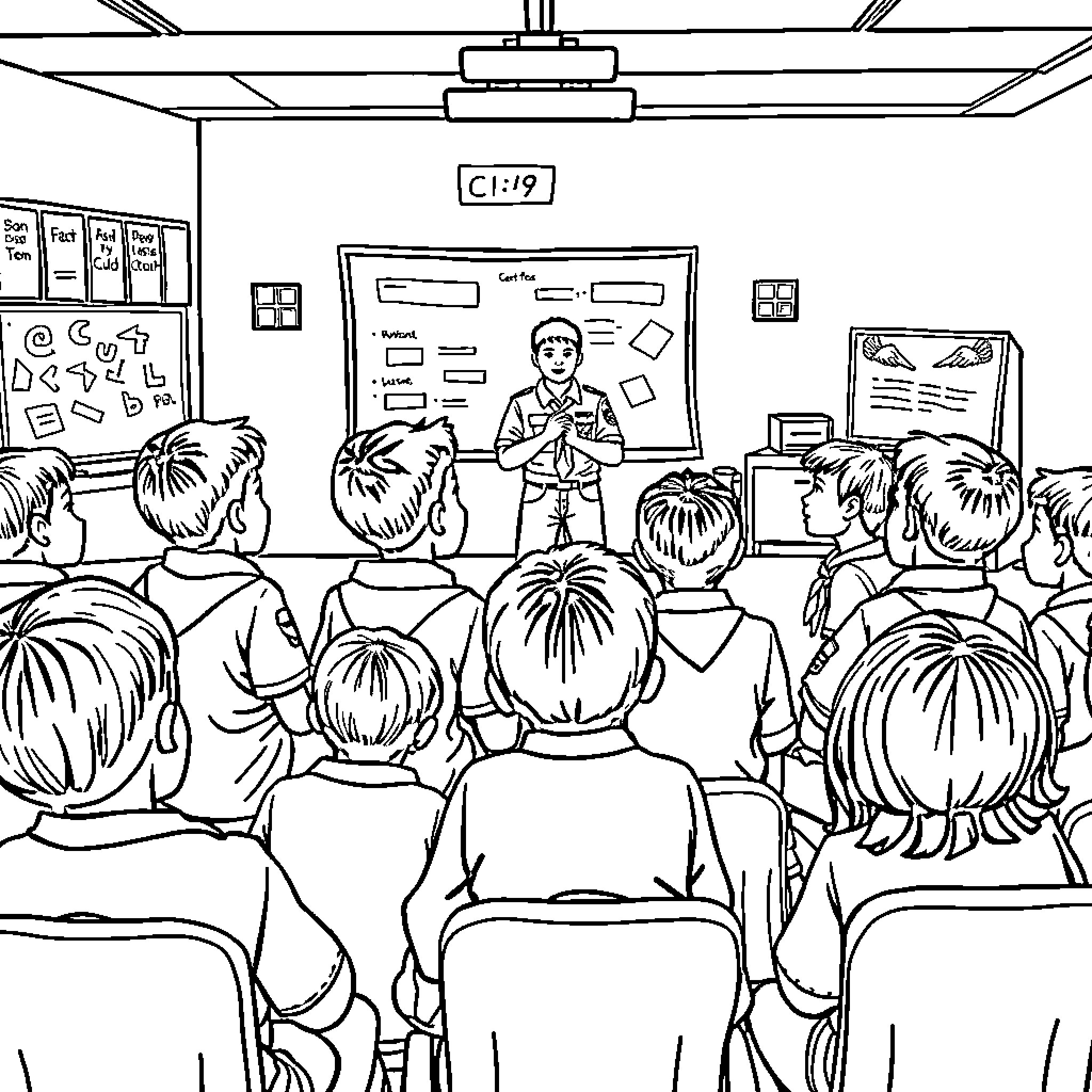 Cub Scout presentation in classroom setting Coloring Page (free black-and-white line drawing printable PDF for all, from beginners to advanced learners, including children, teens, adults, and seniors)