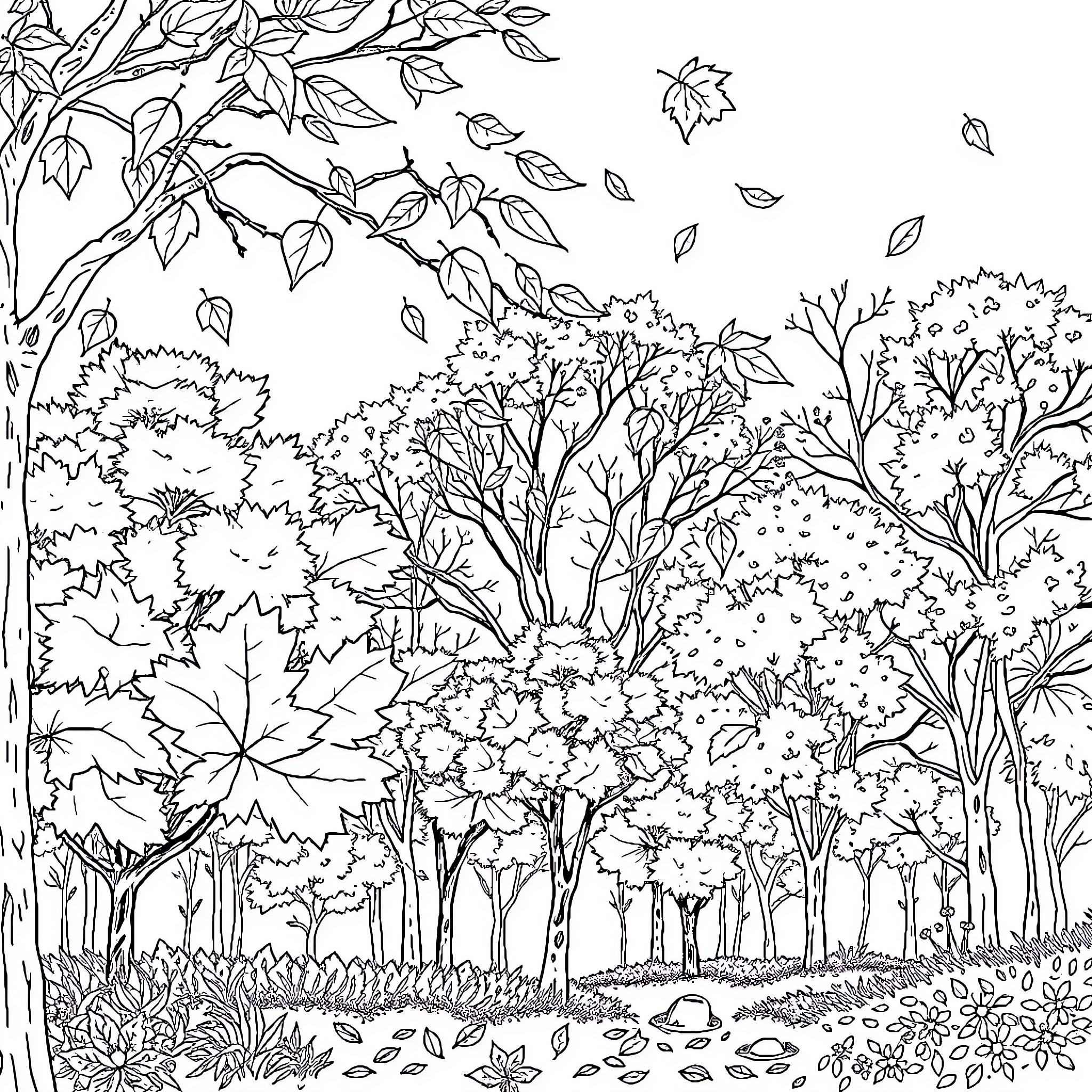 Fall Foliage Vibrant Woodland Scene Coloring Page (free black-and-white line drawing printable PDF for all, from beginners to advanced learners, including children, teens, adults, and seniors)