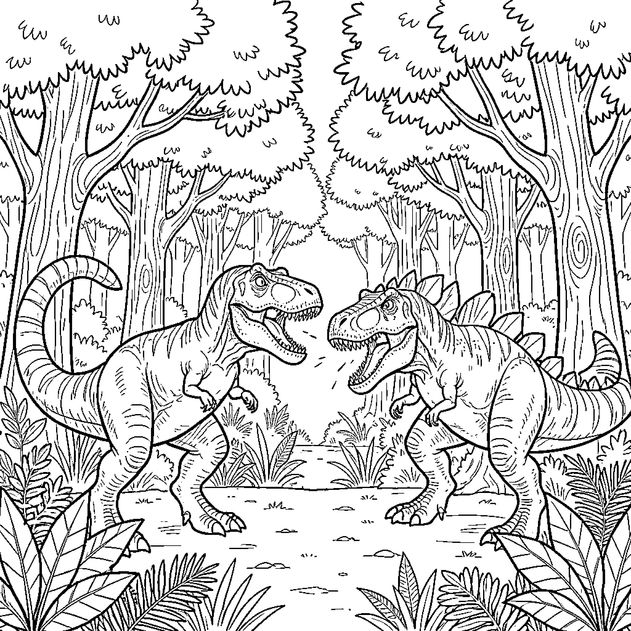 T-Rex facing off against another dinosaur in a jungle Coloring Page (free black-and-white line drawing printable PDF for all, from beginners to advanced learners, including children, teens, adults, and seniors)