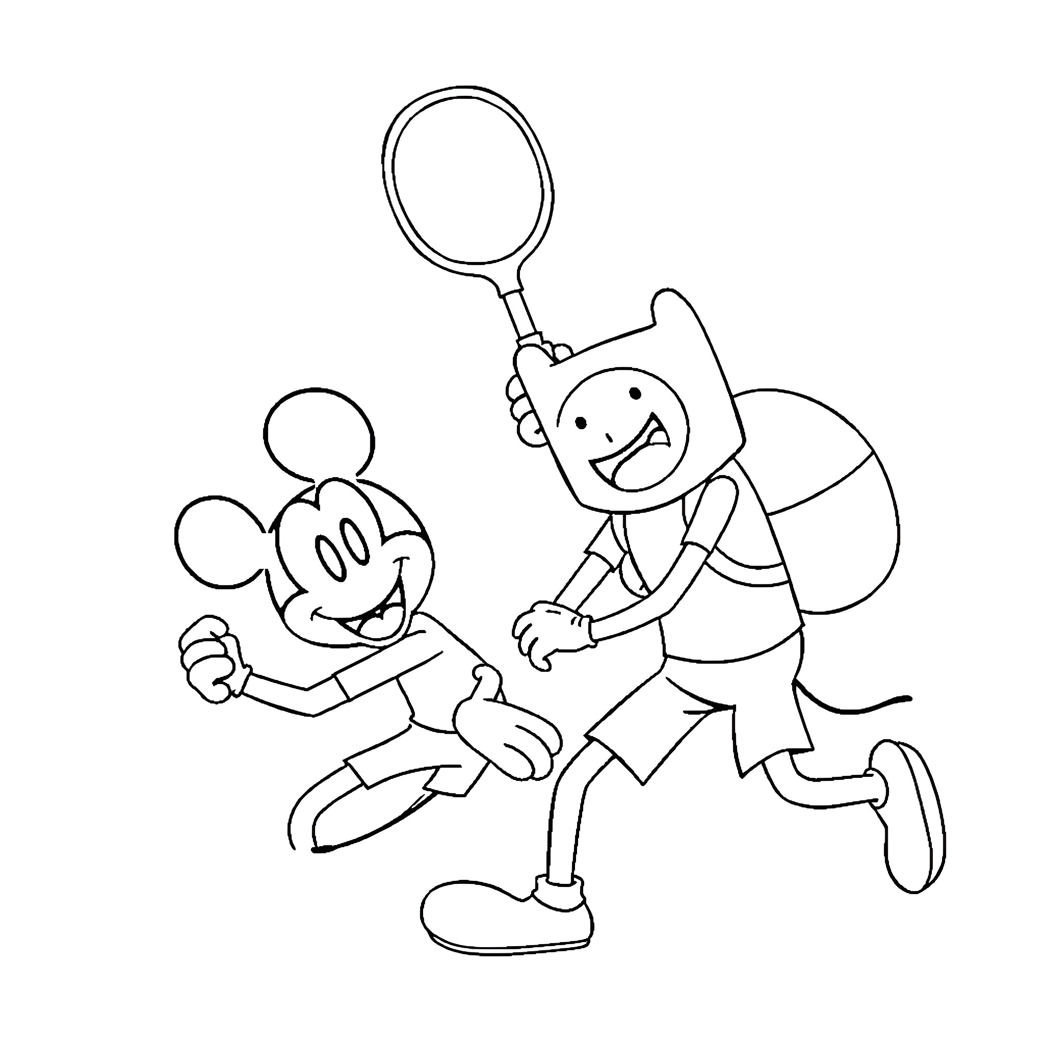Mickey Mouse chasing after Finn the Human with a magnifying glass Coloring Page (free black-and-white line drawing printable PDF for all, from beginners to advanced learners, including children, teens, adults, and seniors)