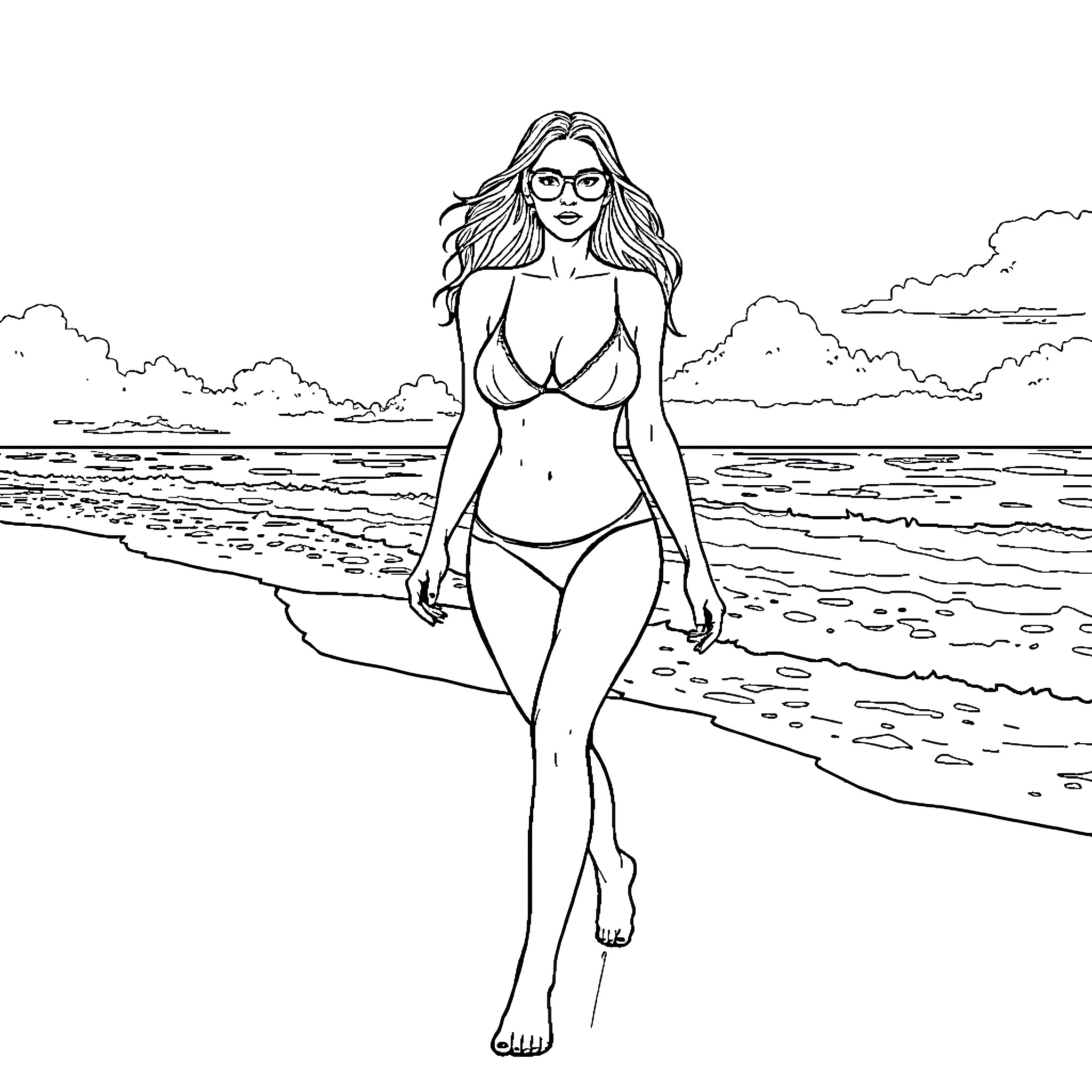 Megan Fox walks on the beach in bikini Coloring Page (free black-and-white line drawing printable PDF for all, from beginners to advanced learners, including children, teens, adults, and seniors)