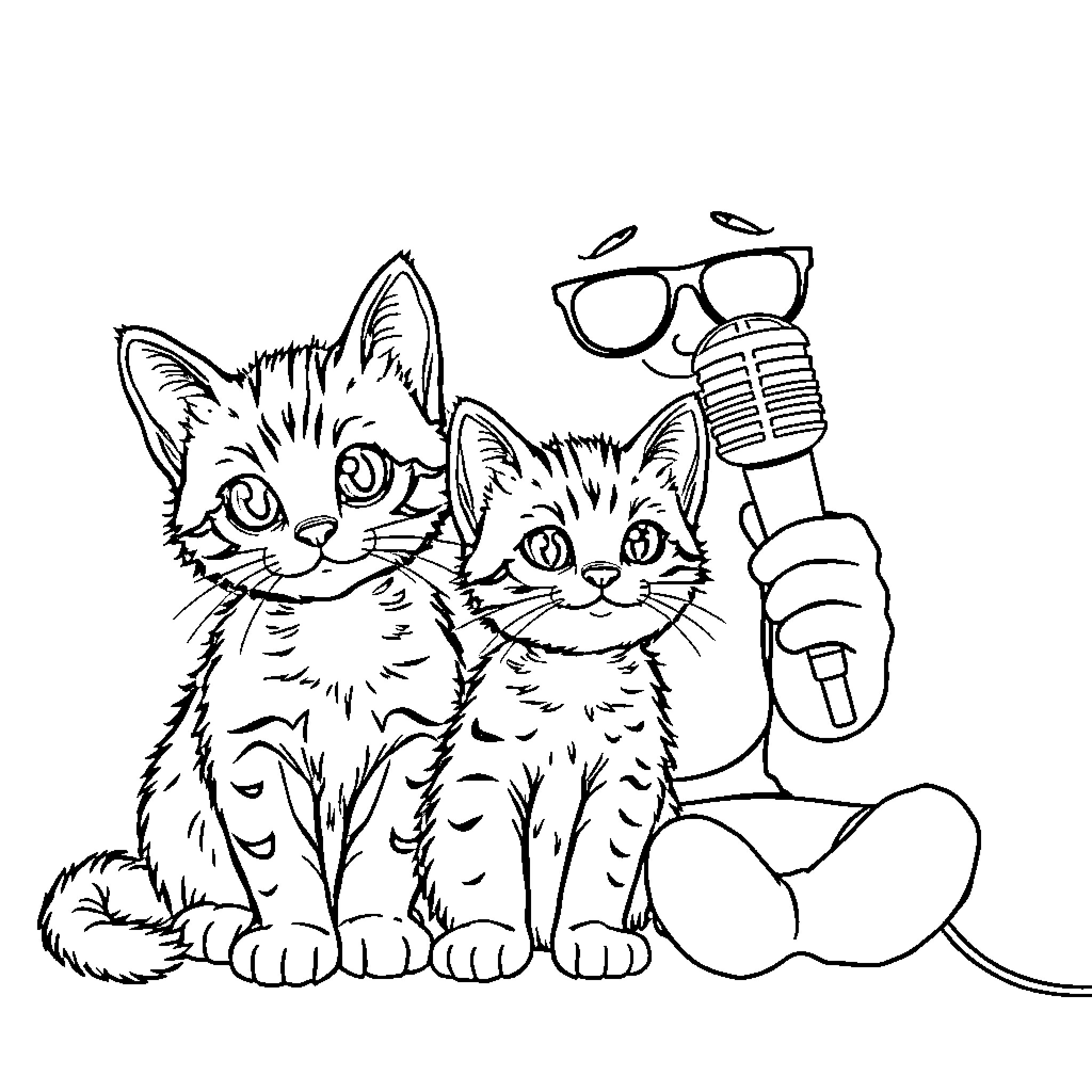 Kittens singing into a microphone Coloring Page (free black-and-white line drawing printable PDF for all, from beginners to advanced learners, including children, teens, adults, and seniors)