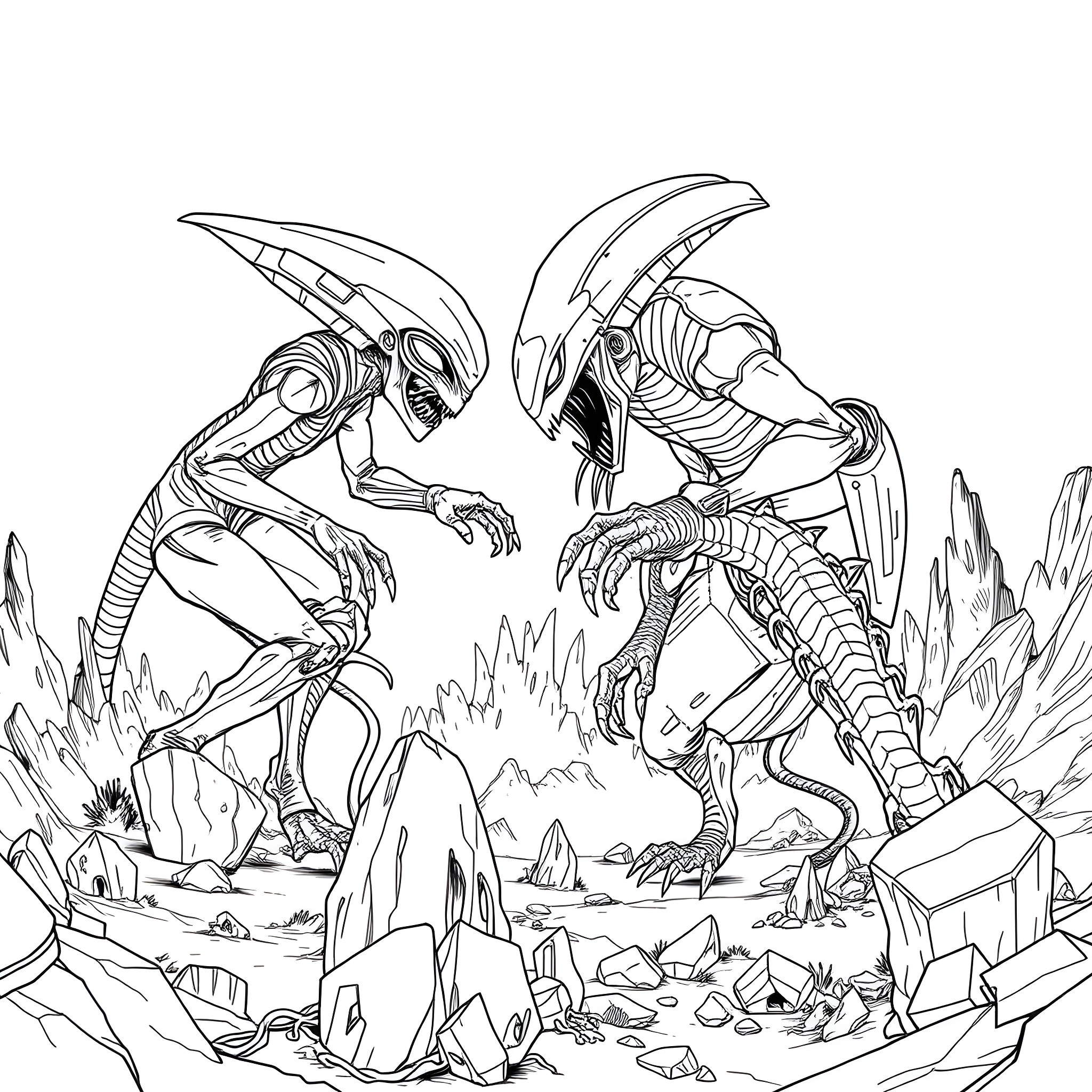 Alien Creatures Locked in Fierce Combat Coloring Page (free black-and-white line drawing printable PDF for all, from beginners to advanced learners, including children, teens, adults, and seniors)