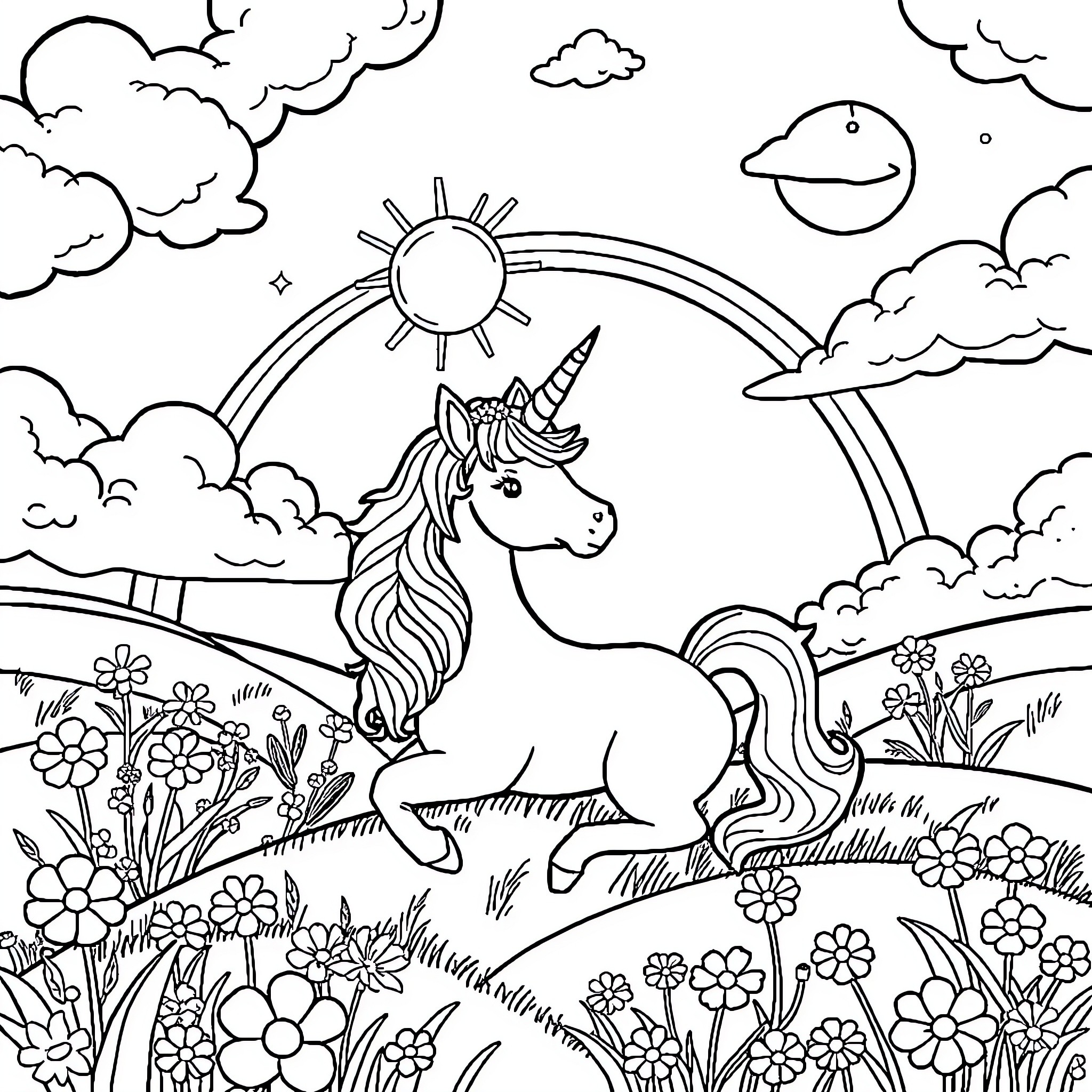 Licorne galloping through a magical meadow Coloring Page (free black-and-white line drawing printable PDF for all, from beginners to advanced learners, including children, teens, adults, and seniors)